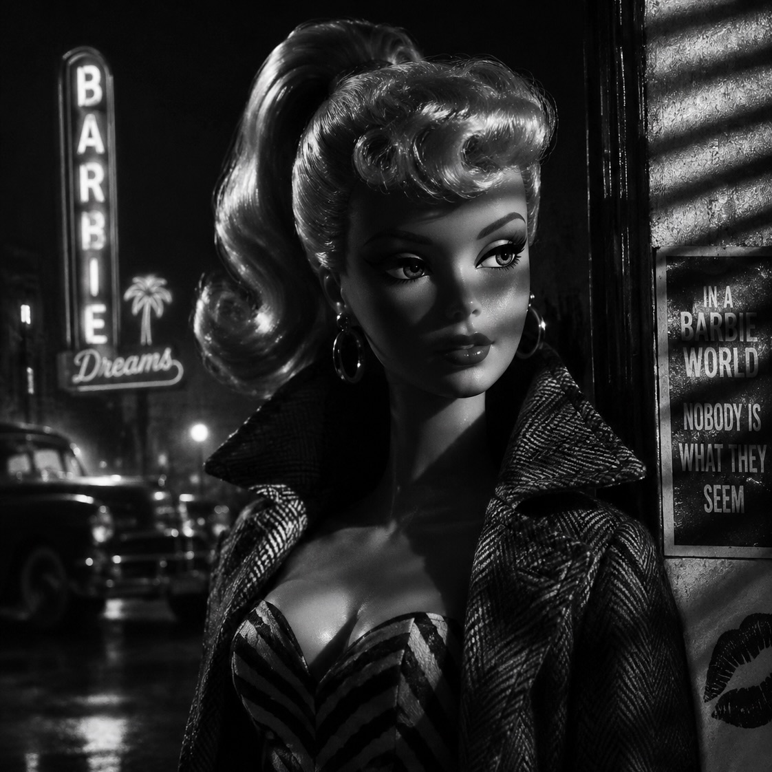 Barbie steps into the shadows… 🖤
Inspired by classic film noir cinema, this piece reimagines Barbie as a sultry femme fatale wrapped in mystery, glamour, and danger. Smoky streets, dramatic lighting, vintage fashion, and midnight secrets — the darker side of iconic beauty.
I love exploring nostalgic pop culture through cinematic art styles that feel timeless, moody, and unforgettable.
Created at CBirdCREATIVE.com ✨
#FilmNoir #BarbieArt #DarkAesthetic #VintageCinema #CBirdCREATIVE