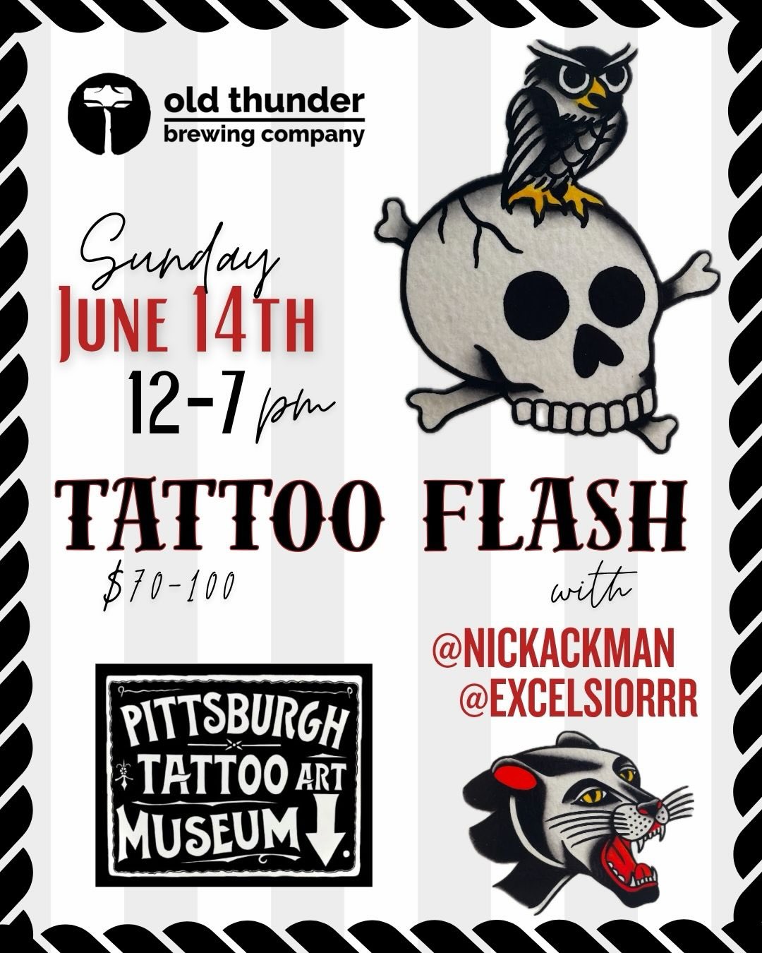 Mark your calendars! On Sunday, June 14th from 12–7pm, we’re hosting our next Tattoo Flash Event right here at Old Thunder! @nickackman and @excelsiorrr of the @pittsburghtattooartmuseum are coming back and we couldn’t be more excited. Flash designs ranging $70–100 — come get inked while you sip!
As for TODAY — fingers crossed the rain has moved on ☀️ Come find us on the patio after 4pm and grab a pint of Heroes & Ghosts or Sol X (or honestly, both). And if you’re hungry, @steerandwheel will be set up in Blawnox serving up one of the best burgers in the area. See you out there! 🍺