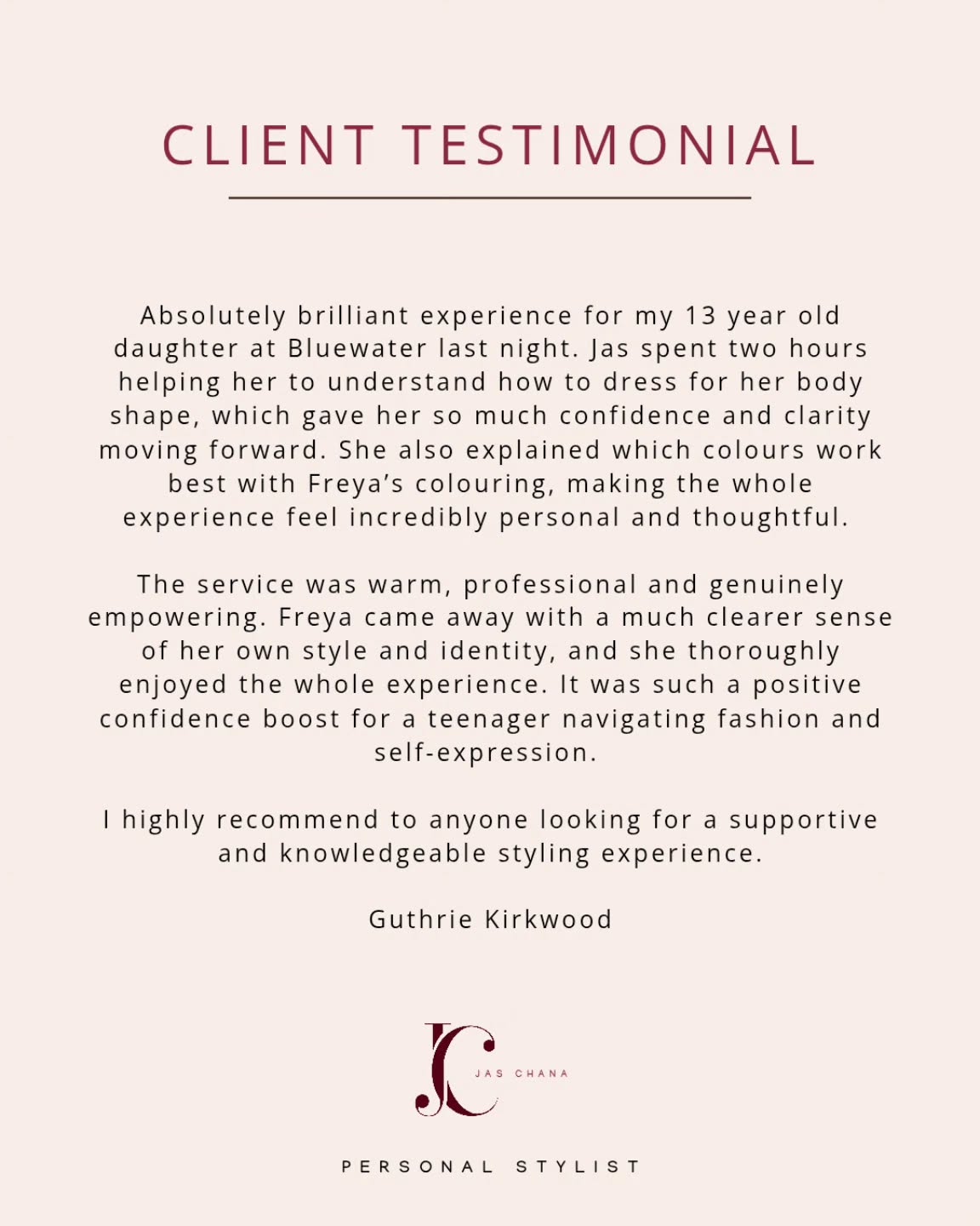 Sharing a recent 5* review from the parent of my teenage client. This was such a great experience for this teenager.
lt will certainly help her to style herself with more confidence now that she has worked with me.
If you had a teenager who is struggling with their style then a style session will be a great experience for them. Get in touch to learn more about how i can help you. Email me, Jas hello@jaschana.com
#personalstylistessex #personalshopperbluewater #clientreviews