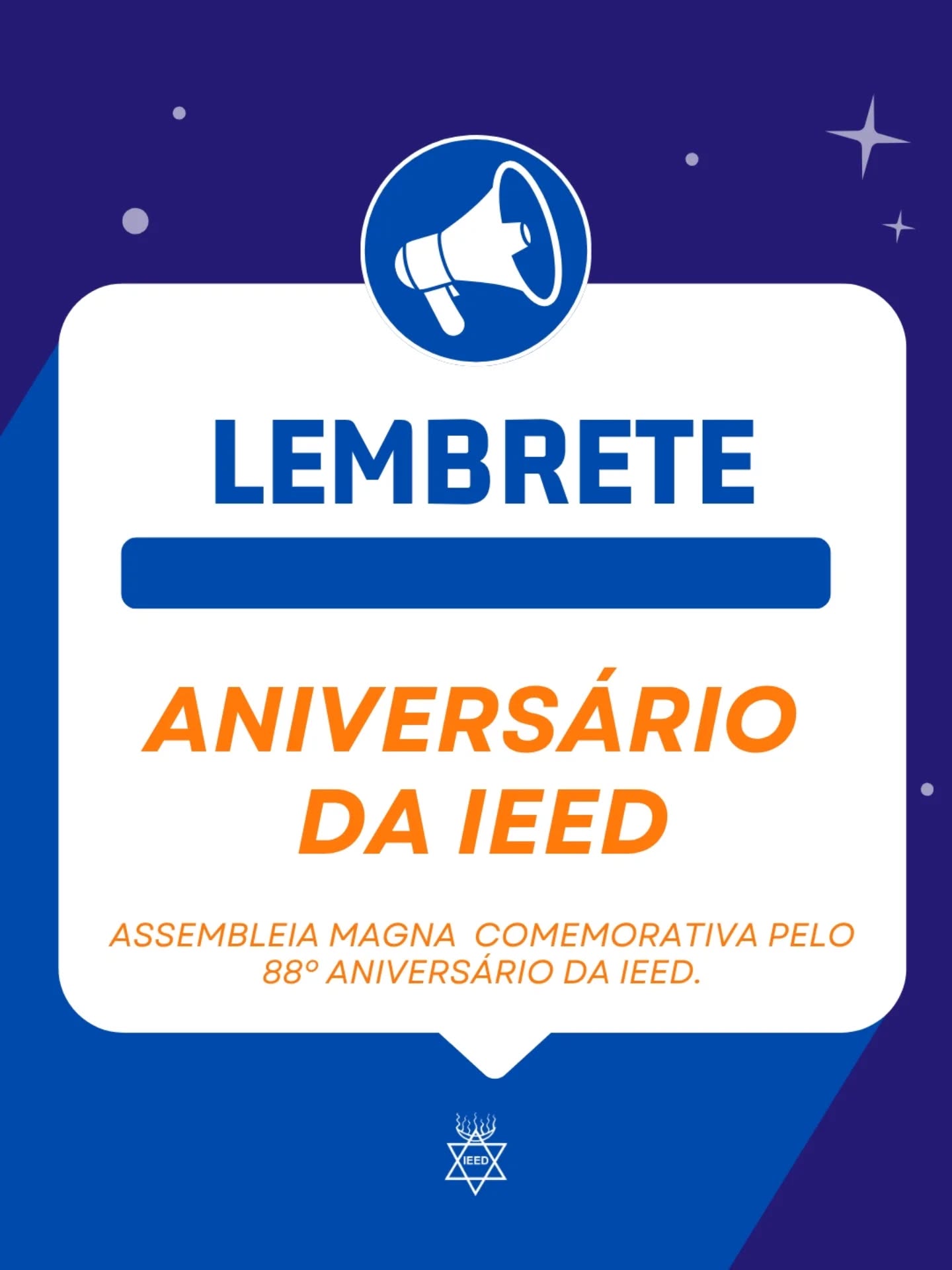 Lembrete:
ASSUNTO: ASSEMBLEIA MAGNA DE COMEMORAÇÃO PELO ANIVERSÁRIO DE FUNDAÇÃO DA IEED
Prezados Sócios e convidados,
Como em toda grande celebração é sempre importante ficar atento a horários, trajes e outros detalhes que constam no convite de um evento e que, nosso nosso caso, constam no programa da cerimônia.
Desta forma, gostaríamos de lembrar que o uniforme da cerimônia é o traje de Gala (terno ou vestido branco).
Quem não possui, deve se apresentar com seu Uniforme Sacerdotal, os irmãos de auréola com Umbanda e mantra e os sócios munidos de suas mantras .
Também faz parte de nossa cultura o ato de presentear aniversariantes e aqueles que desejarem fazer esta homenagem à IEED também podem fazer adquirindo itens de utilidade geral, lâmpadas, tintas, itens de uso nas ornamentações e etc.
Também podem ser feitas doações de quantias através da chave pix
33.750.589/0001-02
(CNPJ)
Aguardamos todos para esta noite de Gala!
Data: 30 de Maio (Sábado)
Horário: 19:30h.
📍 Local: Templo Estrela D'Alva – Loja Mater. Rua Rego Lopes, nº98.