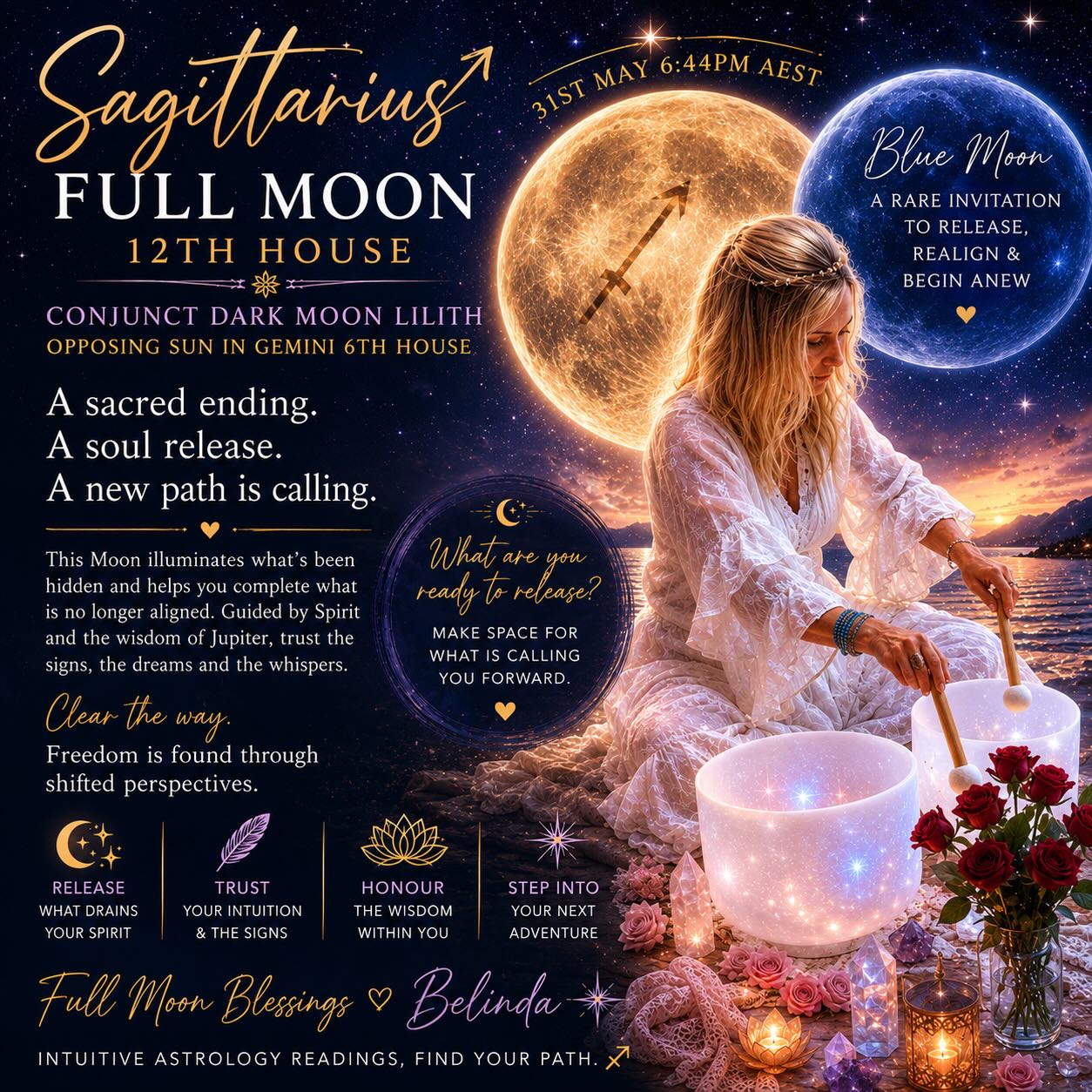 🌕♐ Sagittarius Full Moon Oracle Wisdom 31st May 6.44pm AEST ✨12th House 🌙
Hey Moon Lovers✨🌙
The Wild Archer rises beneath the veils of the 12th House, joined by Dark Moon Lilith, keeper of sacred truths and untamed feminine wisdom.
She illuminates what has been hidden.
She reveals what truths can no longer be ignored.
What are you ready to release?
What chapter has reached its sacred completion?
As the Sagittarius Moon opposes the Gemini Sun, you are invited to balance intuition with action, Spirit with daily life, wisdom with experience.
This is a Moon of endings, liberation, and soul remembrance. A rare blue moon not seen since May/June 2016, return to this timeline to reveal what’s calling for completion.
✨ Trust the signs.
✨ Honour the whispers of your intuition.
✨ Release what drains your spirit.
✨ Make space for what is calling you forward.
A new pathway is emerging.
Not through force, but through surrender.
Not through seeking, but through remembering who you are.
The Archer’s arrow has been released.
Trust where it lands.
🌕 Release. Realign. Rise.
Full Moon Blessings,
Belinda ✨
Intuitive Astrology Readings
Find Your Path ♐️ #fullmoonenergy #bluemoon #sagittarius♐️ #themoontheseerandtheoracle #intuitiveastrology @be_moore_you @iam_healinggifts