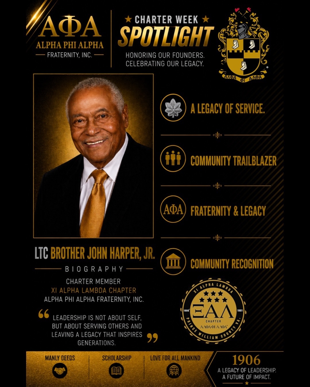 Charter Week Spotlight: LTC. Bro. John Harper, Jr.
As we celebrate 45 years of brotherhood, leadership, and impact in Xi Alpha Lambda, we proudly honor the visionary Brothers whose foundation built the standard of excellence we carry today.
We begin by recognizing Charter Member LTC. Bro. John Harper, Jr., a Brother whose dedication, leadership, and commitment helped shape the legacy of this chapter from the very beginning.
His contributions continue to inspire generations of Brothers to lead with purpose, serve with passion, and uphold the ideals of Alpha with pride.
Stay tuned throughout the week as we continue honoring the distinguished Charter Brothers who helped build the legacy of Xi Alpha Lambda. 06!