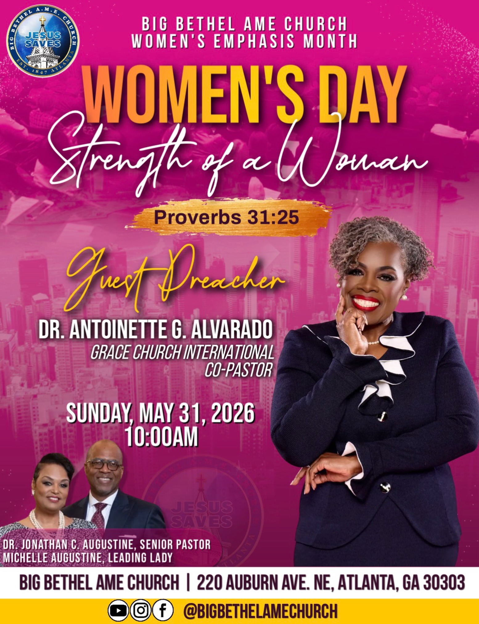 The grand finale is here! Join us as we close out Women’s Emphasis Month at Big Bethel AME Church with a powerful Women’s Day Worship Celebration! ✨💗
This Sunday, we are honored to welcome the phenomenal Dr. Antoinette G. Alvarado of Grace Church International, who will bring a mighty word!
Come expecting strength, wisdom, encouragement, and a move of God as we celebrate the faith, resilience, and impact of women everywhere. Ladies, wear your variation of camouflage and bring another woman with you!
“Strength and honor are her clothing; and she shall rejoice in time to come.” — Proverbs 31:25
#BigBethelAME #WomensDay #WomensEmphasisMonth #StrengthOfAWoman #JesusSaves