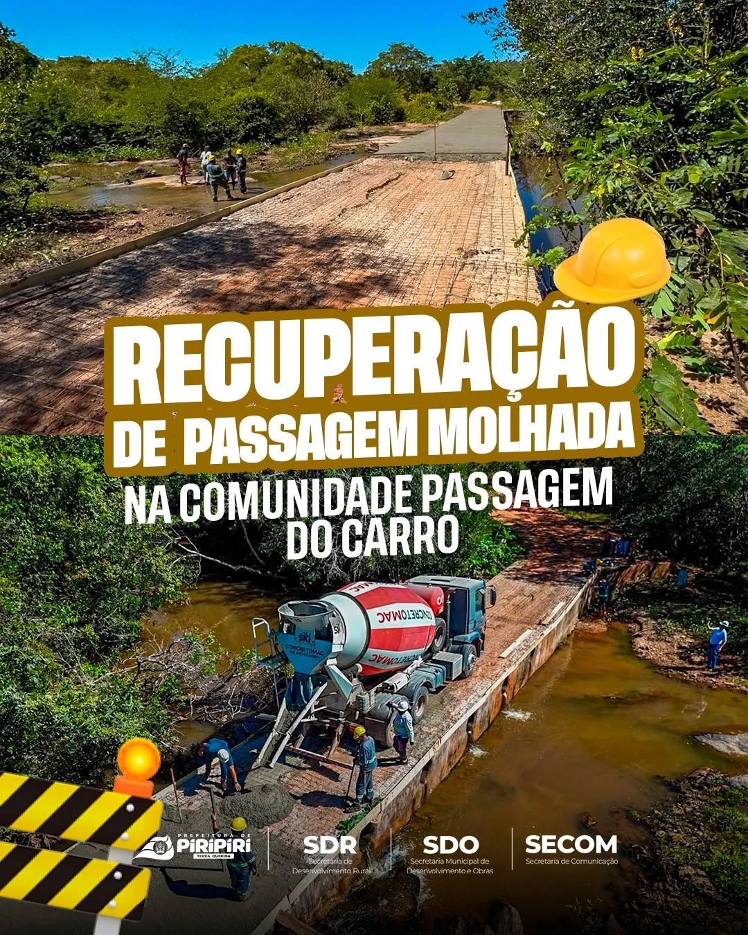 Prefeitura de Piripiri recupera passagem molhada na comunidade Passagem do Carro
A Prefeitura de Piripiri, por meio da Secretaria Municipal de Desenvolvimento e Obras (SDO), em parceria com a empresa Lion Mining, realizou a recuperação da passagem molhada da comunidade Passagem do Carro, beneficiando moradores da região e garantindo mais segurança no tráfego local.
O engenheiro da SDO, João Batista, explicou os detalhes da obra e destacou a importância do período de cura do concreto para garantir a durabilidade do serviço.
“Estamos realizando uma concretagem reforçada nesta passagem molhada. Será um serviço de grande qualidade e durabilidade. Pedimos apenas a compreensão dos moradores para que evitem trafegar pelo local durante três dias, respeitando o período de cura do material”, afirmou.
O secretário municipal de Desenvolvimento Rural (SDR), Wilson Andrade, ressaltou o impacto positivo da intervenção para as comunidades atendidas.
“É um trabalho forte, pensado para durar e oferecer melhores condições de acesso. Essa passagem vai beneficiar moradores de várias comunidades da região”, destacou.
A assistente social da Lion Mining, Meyse Gabriely, também enfatizou a importância da parceria entre o município e a empresa.
“Essa parceria entre a Prefeitura e a Lion é muito importante. O trabalho é realizado com dedicação e compromisso, e é por isso que os resultados aparecem. Vamos continuar trabalhando dessa forma”, concluiu.