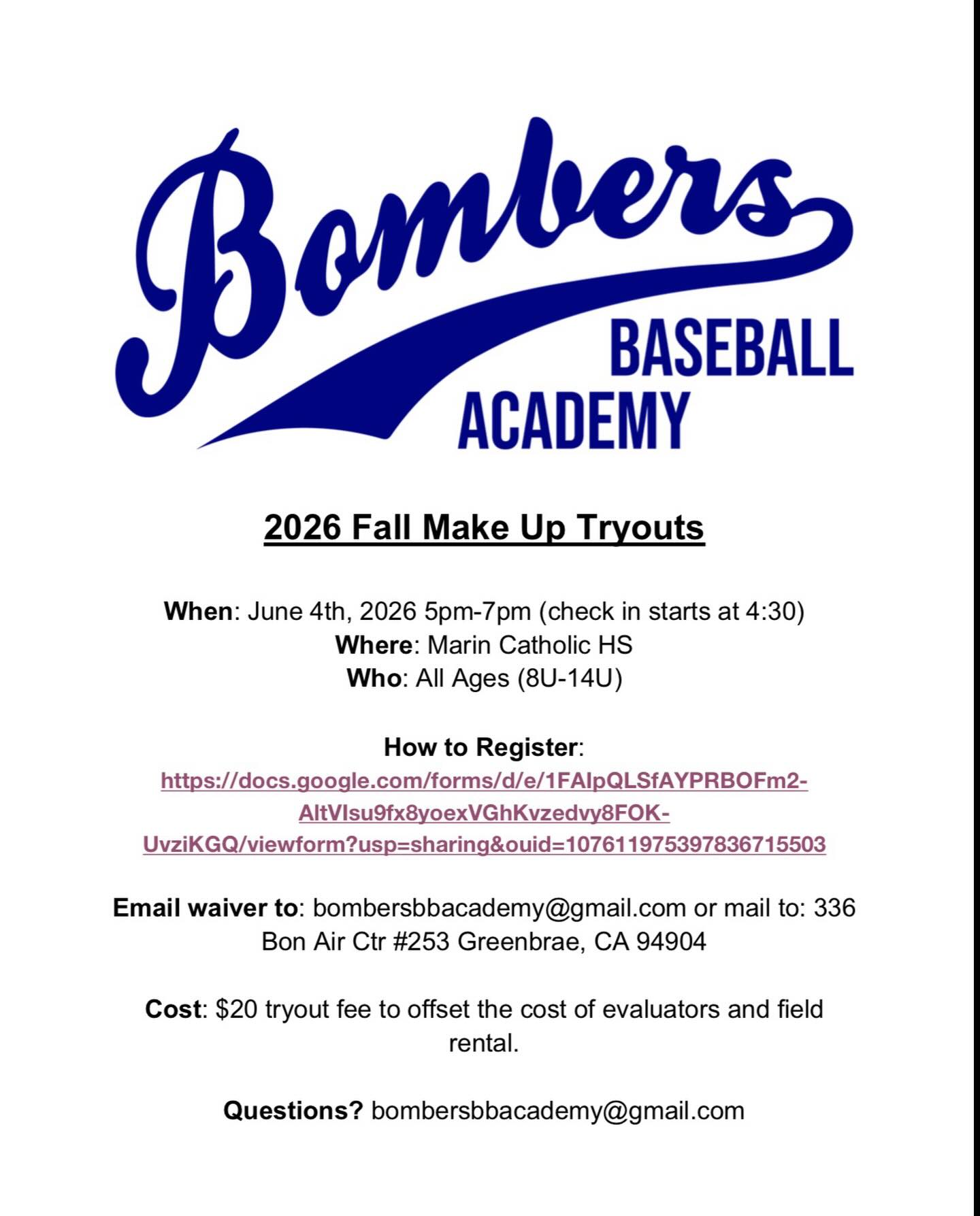 If we miss you this Sunday, see you Thursday! #bombersbaseballmarin