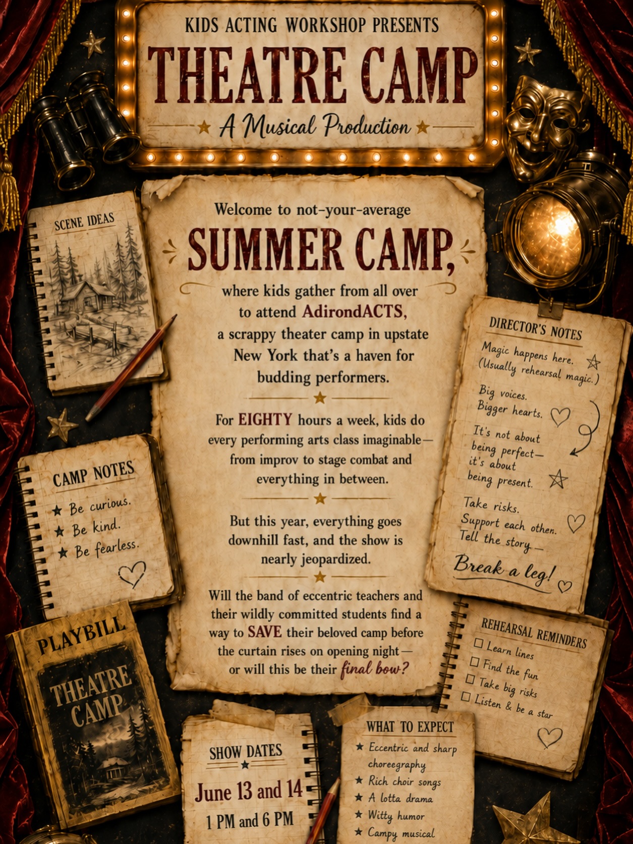 Welcome to not-your-average SUMMER CAMP, where kids gather from all over to attend AdirondACTS, a scrappy theater camp in upstate New York that’s a haven for budding performers. Eighty hours a week kids do all possible performing art classes, from improv to stage combat and everything in between.
Though this year everything goes downhill fast and the show is nearly jeopardized.
Will the band of eccentric teachers and their wildly committed students find a way to save their beloved camp before the curtain rises on opening night or this will be their final bow?
Find out yourself. Get your tickets to our newest musical in bio