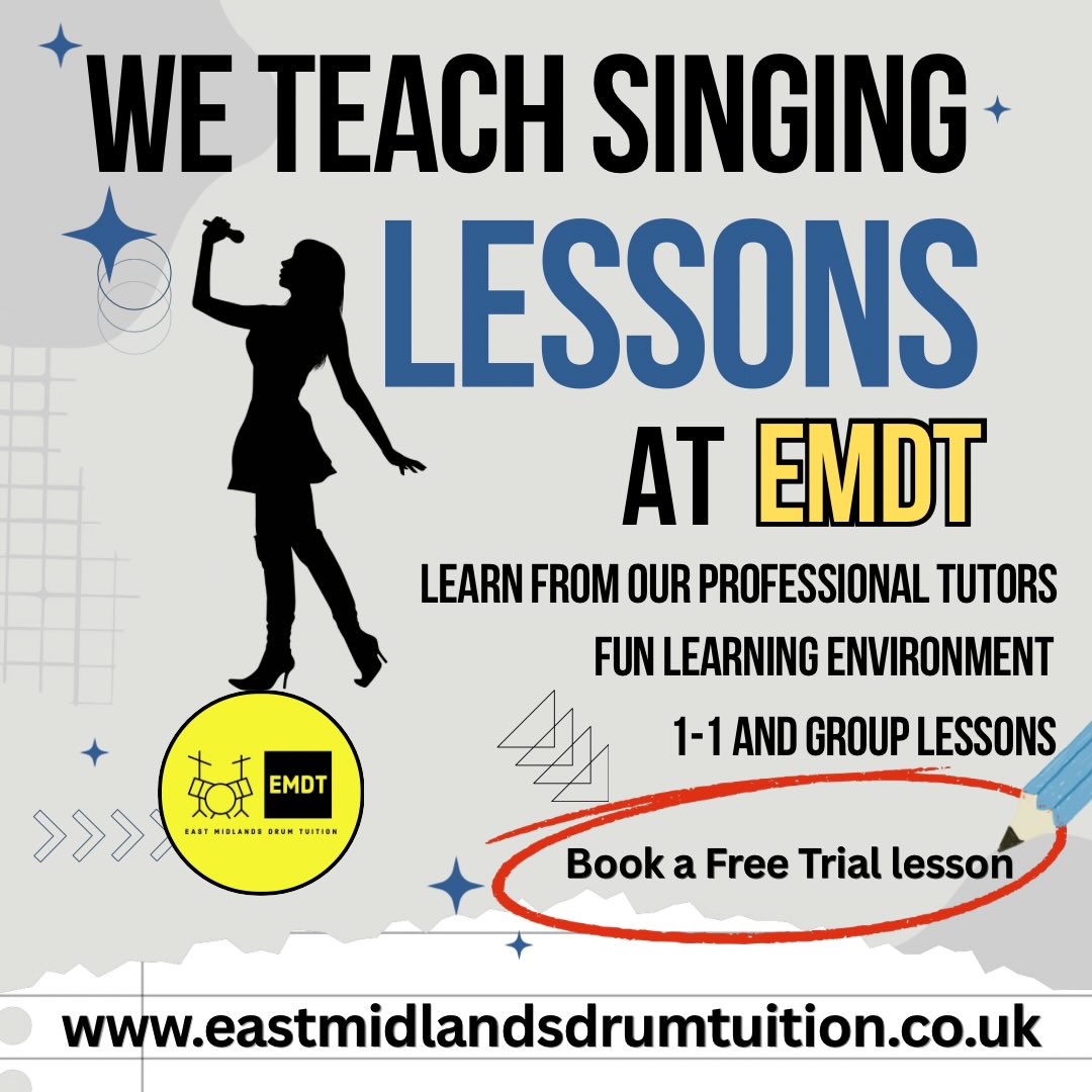 As well as Drum, Guitar, Piano, Bass and Trumpet lessons we offer singing lessons.
We always offer a free 30 minute trial lesson for every new student wanting to try one of our lessons. This is a great way to try a lesson for free and see if you like it.
Book your FREE 30 minute lesson at East Midlands Drum Tuition via a direct message or via:
www.eastmidlandsdrumtution.co.uk
#sing
#eastmidlandsdrumtuition
#musicschool