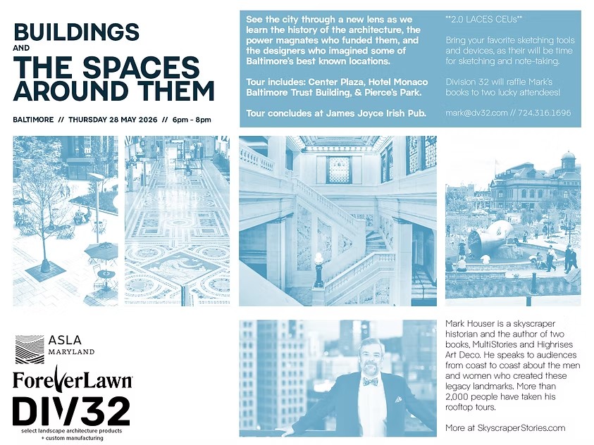 Join us TOMORROW at 6PM for Buildings and the Spaces Around Them — a guided walking and sketch tour through Downtown Baltimore exploring the stories behind some of the city’s most iconic architecture and public spaces. Tour stops include Center Plaza, the B&O Building (Hotel Monaco), Baltimore Trust Building, Pierce’s Park, and more. The evening concludes at James Joyce Irish Pub with a raffle for a chance to win a copy of the tour guide’s book!
This tour is 2.0 LACES CEU approved. Sponsored by @division.32 and @foreverlawninc
Link in bio for registration!