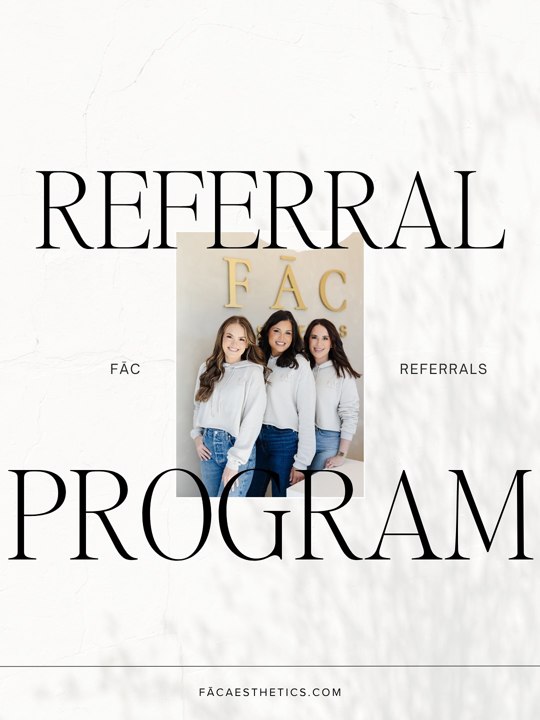 Your glow looks good on your friends, too. ✨
When you refer someone to FĀC and they complete their first treatment, you’ll receive a $100 credit toward your next visit.
A little thank you for sharing us with the people you love. 🤍
Specializing in natural aesthetic results, facial balancing, skin rejuvenation, and personalized treatment plans designed to help you look and feel refreshed and rejuvenated.
Call or text to learn more. 940-240-1257
