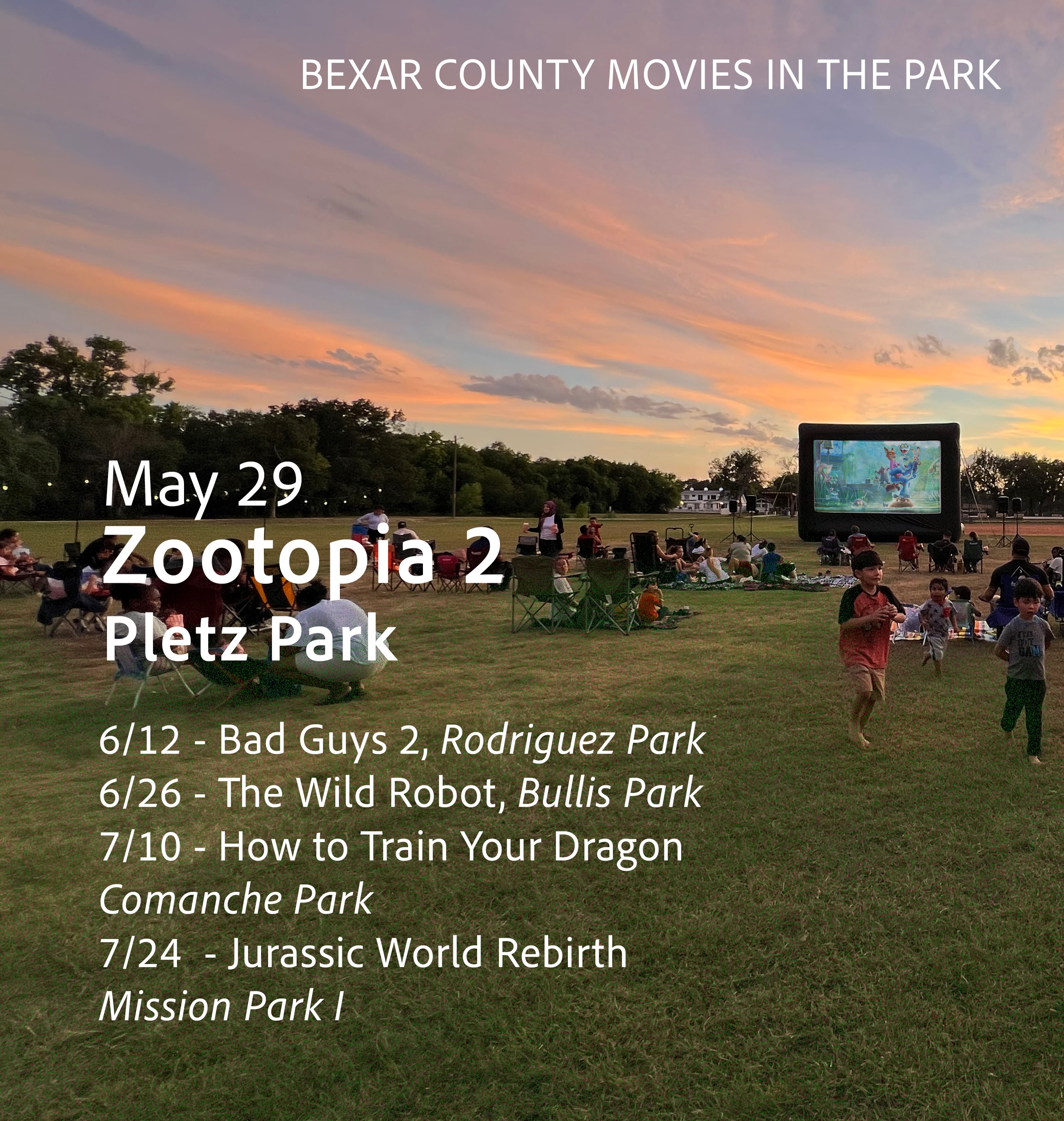 Bexar County Parks Friday Night Flicks start tonight with Zootopia 2 at Pletz Park (swipe to see map). These free outdoor movies start at sunset.
May 29 | Zooptopia 2, Pletz Park
June 12 | Bad Guys 2, Rodriguez Park
June 26 | The Wild Robot, Bullis Park
July 10 | How to Train Your Dragon, Comanche Park
July 24 | Jurassic World Rebirth, Mission Park I
Bring picnics, chairs and blankets. Pet-friendly!
#freeoutdoormovie #movieinthepark #satx #outdoorcinema #bexarcounty