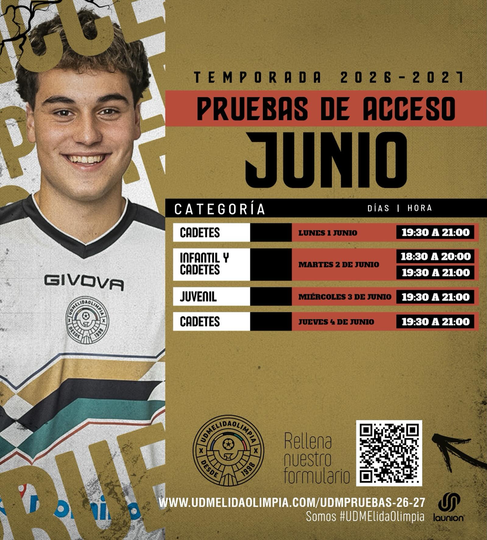 ¡Ha llegado el momento de demostrar tu talento! ⚽️🔥
Ya están aquí las fechas de nuestras Pruebas de Acceso de Junio para la Temporada 2026-2027. Si quieres formar parte de la familia de la UD Melida Olimpia, toma nota de los días y horarios según tu categoría:
🗓 Lunes 1 de Junio
Cadetes: 19:30 a 21:00
🗓 Martes 2 de Junio
Infantil y Cadetes: 18:30 a 20:00 / 19:30 a 21:00
🗓 Miércoles 3 de Junio
Juvenil: 19:30 a 21:00
🗓 Jueves 4 de Junio
Cadetes: 19:30 a 21:00
📝 ¿Cómo inscribirte?
Es muy fácil. Escanea el código QR de la imagen o entra directamente al enlace de nuestra biografía: www.udmelidaolimpia.com/udmpruebas-26-27 y rellena el formulario.
¡Te estamos esperando! Somos #UDMElidaOlimpia 🦅✨