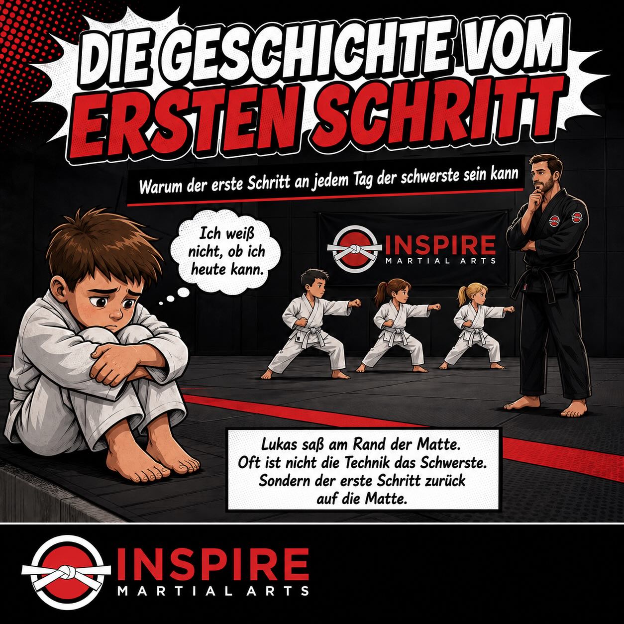 Manchmal ist nicht die Technik das Schwerste.
Nicht der Tritt.
Nicht der Block.
Nicht die Kombination.
Manchmal ist das Schwerste der erste Schritt.
Der Schritt zurück auf die Matte.
Der Schritt in den Unterricht.
Der Schritt, obwohl ein Kind gerade zweifelt.
„Heute schaffe ich das nicht.“
„Die anderen sind weiter.“
„Ich bin noch nicht bereit.“
Solche Gedanken kennen viele Kinder.
Und genau hier beginnt Entwicklung.
Nicht erst, wenn alles perfekt läuft.
Nicht erst, wenn jede Bewegung sitzt.
Sondern in dem Moment, in dem ein Kind trotzdem aufsteht.
Bei INSPIRE Martial Arts lernen Kinder:
Ich muss nicht perfekt sein.
Ich muss anfangen.
Ich darf Fehler machen.
Ich darf wachsen.
Jeder Tag beginnt mit einem ersten Schritt.
Und manchmal ist genau dieser Schritt der wichtigste.
Nicht aufgeben.
Anfangen.
Wachsen.
📍 INSPIRE Martial Arts Detmold
Kostenlosen Probeunterricht vereinbaren.
#inspiremartialarts #detmold #selbstverteidigung #kampfkunst #derersteschritt
