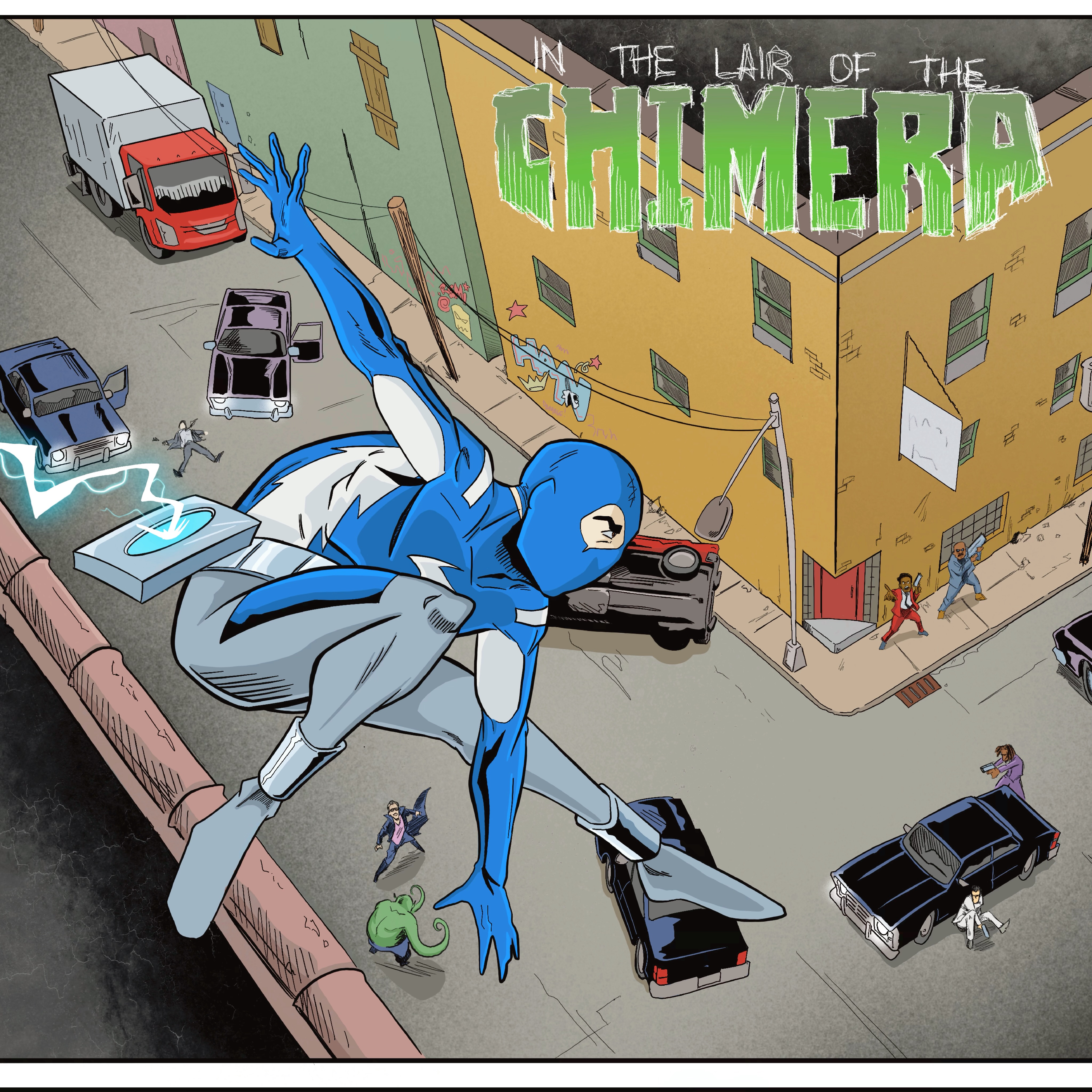 Another night, another fight!
Currently working on The Bolt no. 12 and I’ve been down in the sewers with the bad guys for a few pages. Always good to remember who the hero of this thing is. Here’s Bolt, soaring effortlessly on his electromagnetic waves into the fray.
#TheBolt #CamdenSuperhero #IndieComics
#CreatorOwned #CamdensComics