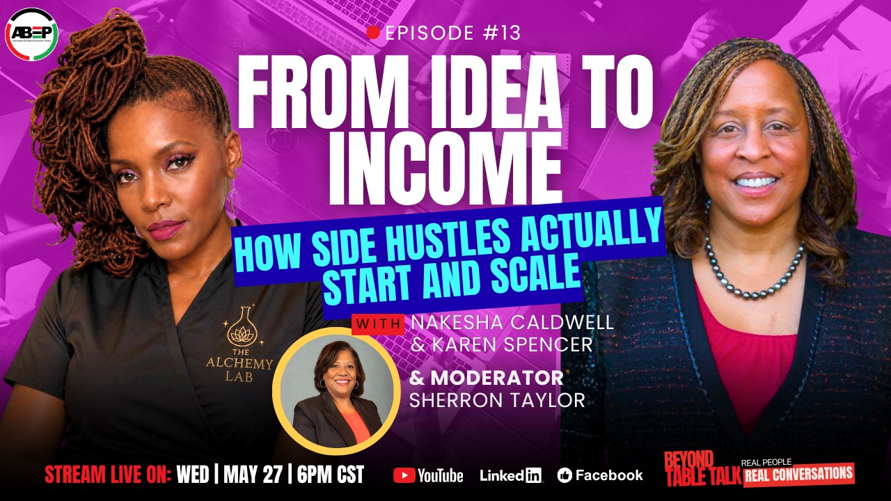 Tonight | 6PM CST
Streaming live on Facebook, LinkedIn, and YouTube through ABEP.
Got an idea that could create extra income, but don’t know where to start?
Tonight’s Beyond Table Talk is for anyone trying to figure out how side hustles actually begin, grow, and scale.
Join moderator Sherron Taylor with guests Nakesha Caldwell (The Alchemy Lab Medspa and Wellness) and Karen Spencer (Fetch Strategies) as they talk about entrepreneurship, mindset, scaling, and turning ideas into income.
#BeyondTableTalk #FromIdeaToIncome #SideHustle #Entrepreneurship #AdditionalIncome #ABEP #BusinessGrowth #SmallBusiness