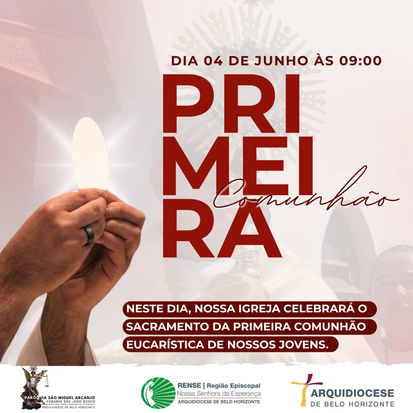 ✨ Um encontro que marca a alma para sempre… ✨
O grande dia está chegando!
Nossos jovens irão receber Jesus Eucarístico pela primeira vez, vivendo a graça da Primeira Comunhão.
Um momento de fé, emoção e entrega, onde o coração encontra aquele que é o verdadeiro Pão da Vida. ✝️🍞
Que este sacramento seja o início de uma caminhada cheia da presença de Deus, amor e esperança.
Toda a comunidade está convidada para celebrar conosco esse momento tão especial!
“Quem come deste pão viverá eternamente.”🤍🙏
#PrimeiraComunhão #Eucaristia #JesusEucaristico #Catolicos #IgrejaCatolica