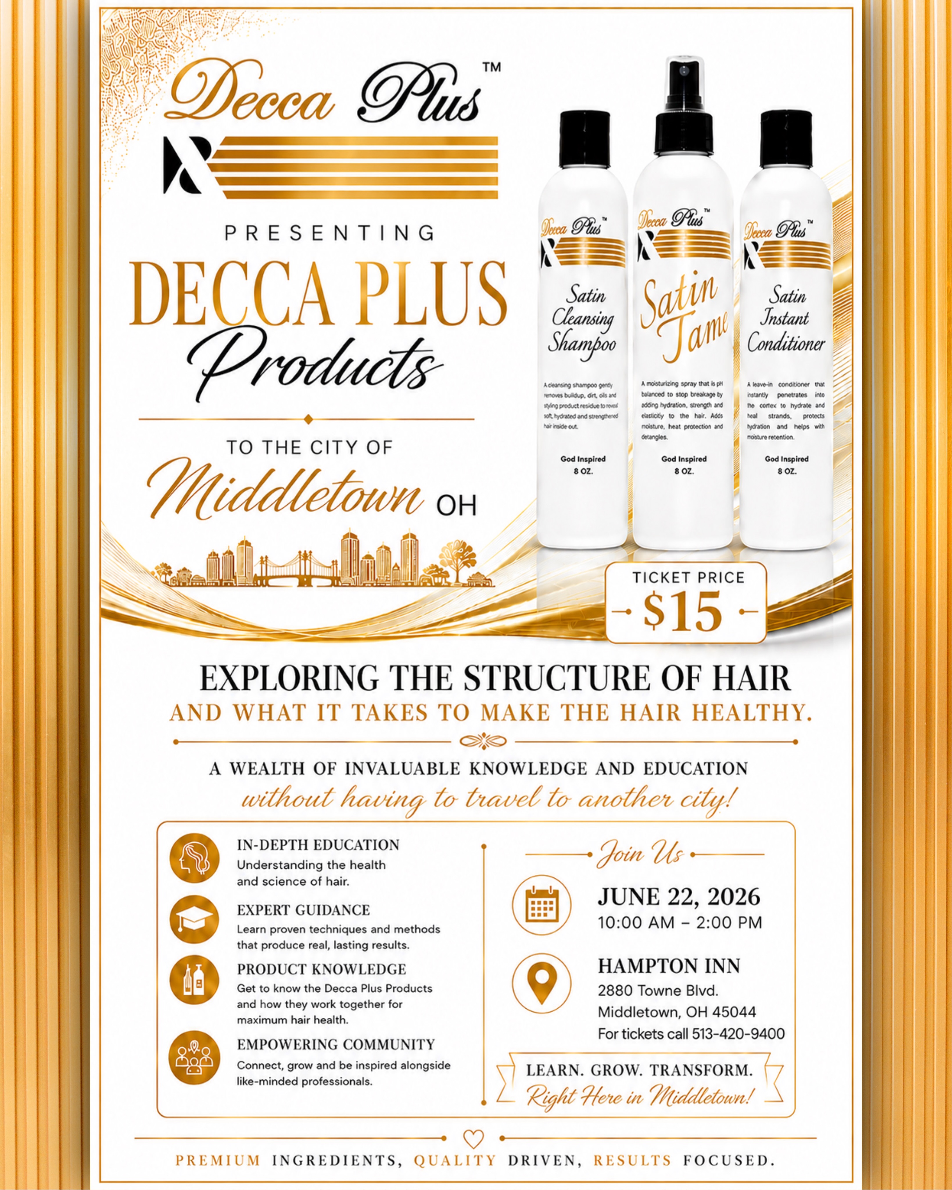 Hey Middletown stylists, let’s get back to our roots! We are so excited to reintroduce ourselves to our hometown beauty community with an exclusive, hands-on Structure of Hair & What It Takes to Make the Hair Healthy Class designed just for licensed cosmetologists. We’re stripping away the guesswork and diving deep into the true science of hair, cutting-edge product knowledge, and the ultimate secrets to keeping your clients’ hair healthy, vibrant, and strong. We’ve missed our Middletown family, and we can’t wait to share fresh insights, talk shop, and grow together right here where it all started.
Call 513-420-9400 for tickets!
#deccaplus #deccaplusclass #middletownohio #hairclass #healthyhair