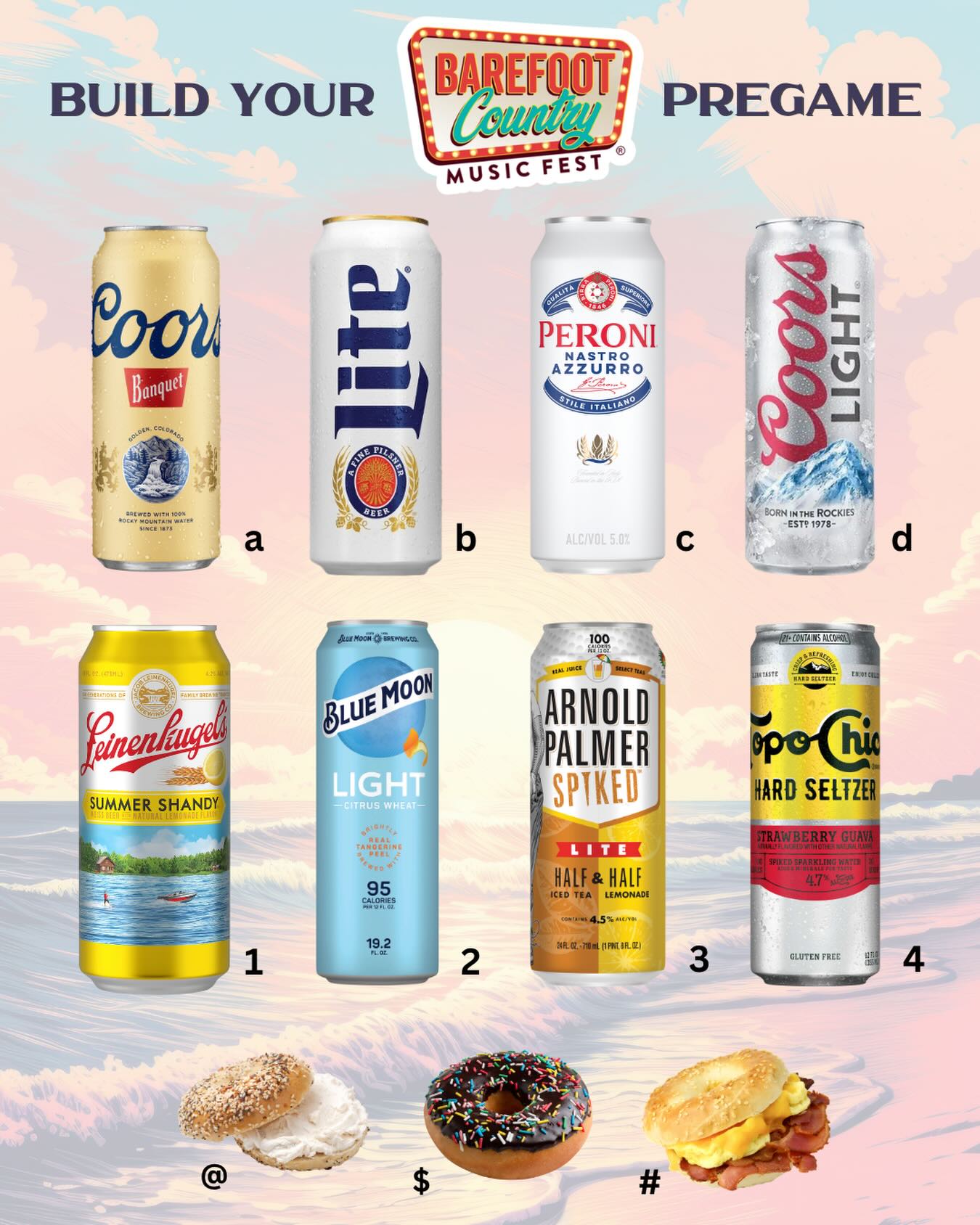Choose your pregame ๐๏ธ๐ป
Comment the matching symbol from each row to build your perfect Barefoot Country Music Fest pregame lineup ๐ค ๐ถ
The party starts before the gates even openโฆ whether youโre fueling up with a pork roll (not taylor ham) egg & cheese and a Coors Banquet, grabbing a jersey bagel and a Blue Moon, or going full non-stop party mode ๐ปโ๏ธ