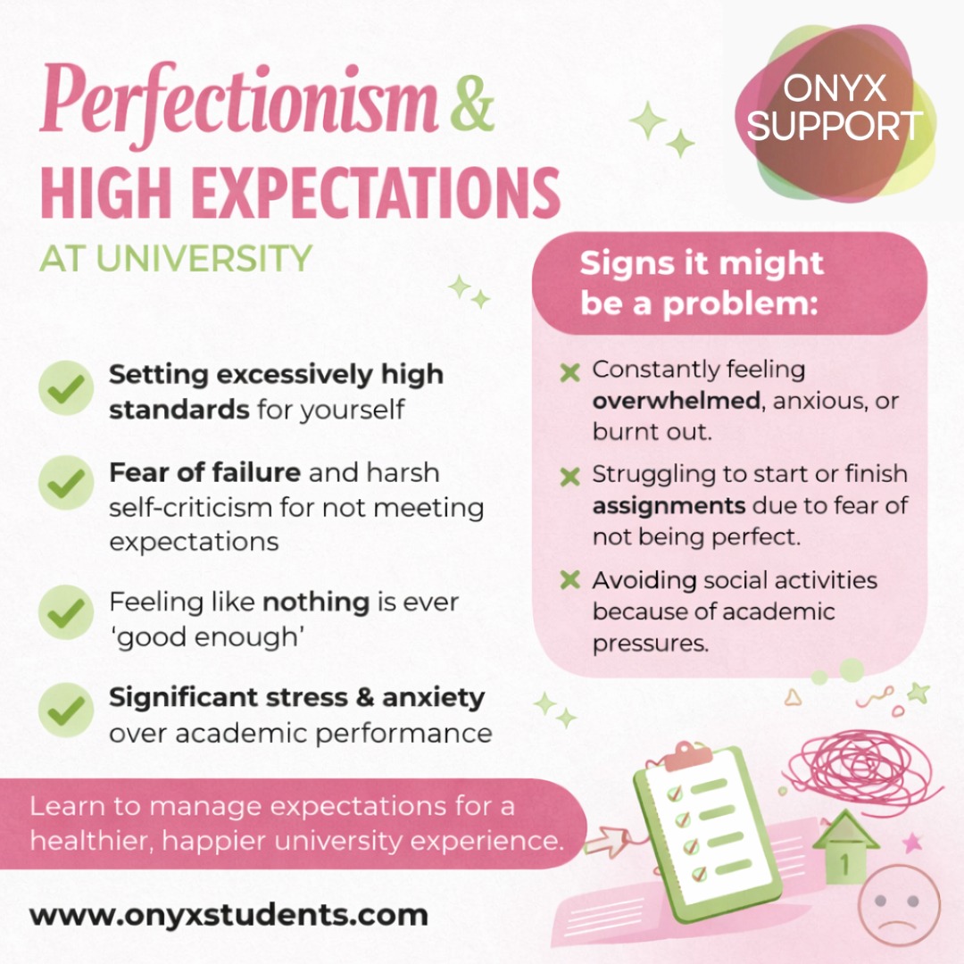 Perfectionism can feel like motivation… until it becomes pressure.
If you’re constantly feeling overwhelmed, anxious, or like nothing is ever “good enough”, you’re not failing, you’re human.
University isn’t about being perfect. It’s about learning, growing, and doing the best you can with what you have 💛
DSA Support can help too:
If you’re eligible, Specialist Mentoring can support you with confidence, anxiety, motivation, routines and self-compassion, and Study Skills support can help with planning, prioritising, deadlines, and managing workload without burning out.
You don’t have to do this alone.
🔗 www.onyxstudents.com
#UniversityWellbeing #Perfectionism #StudentSupport #MentalHealthAtUni #DSA #SpecialistMentoring #StudySkills #Struggling #University #MentalHealth #DisabledStudent #Neurodiversity #Assignments