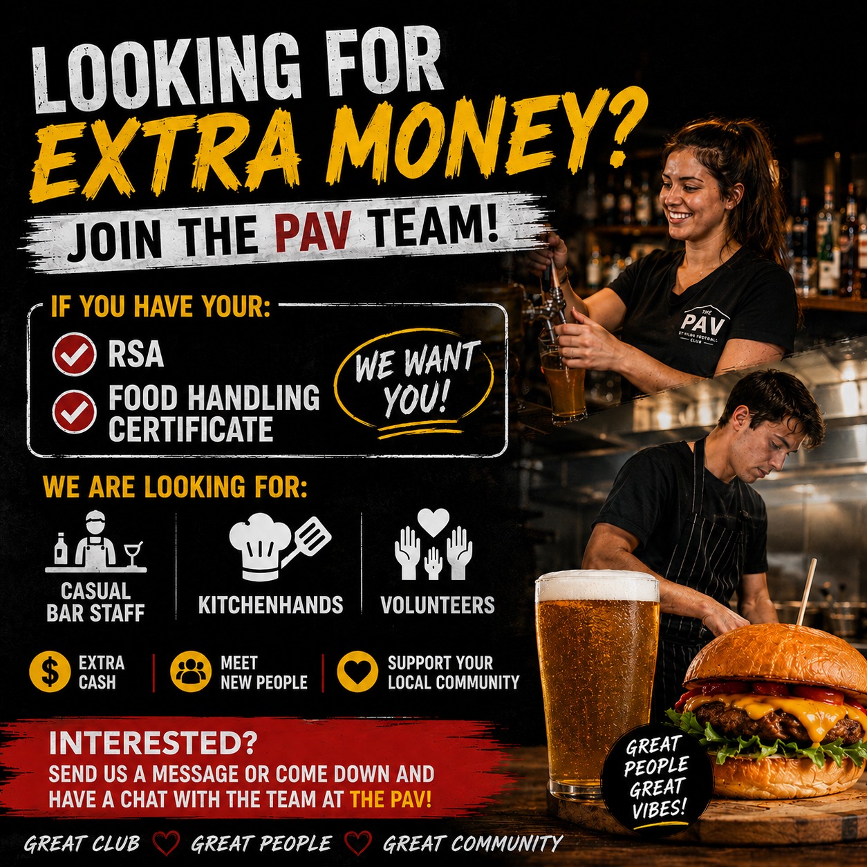 💼 Looking for some extra money? Join The Pav team! 🍻🍔
If you’ve got your:
✅ RSA
✅ APPROVED MANAGER
✅FOOD HANDLING CERTIFICATE
We want to hear from you!
We are currently looking for:
🔹 Casual Bar Staff
🔹 Kitchenhands
🔹 Volunteers
Great way to earn extra cash, meet new people, and support your local community club 💙
Interested? Send us a message thepav@lsa.org.au or come down and have a chat with the team at The Pav!