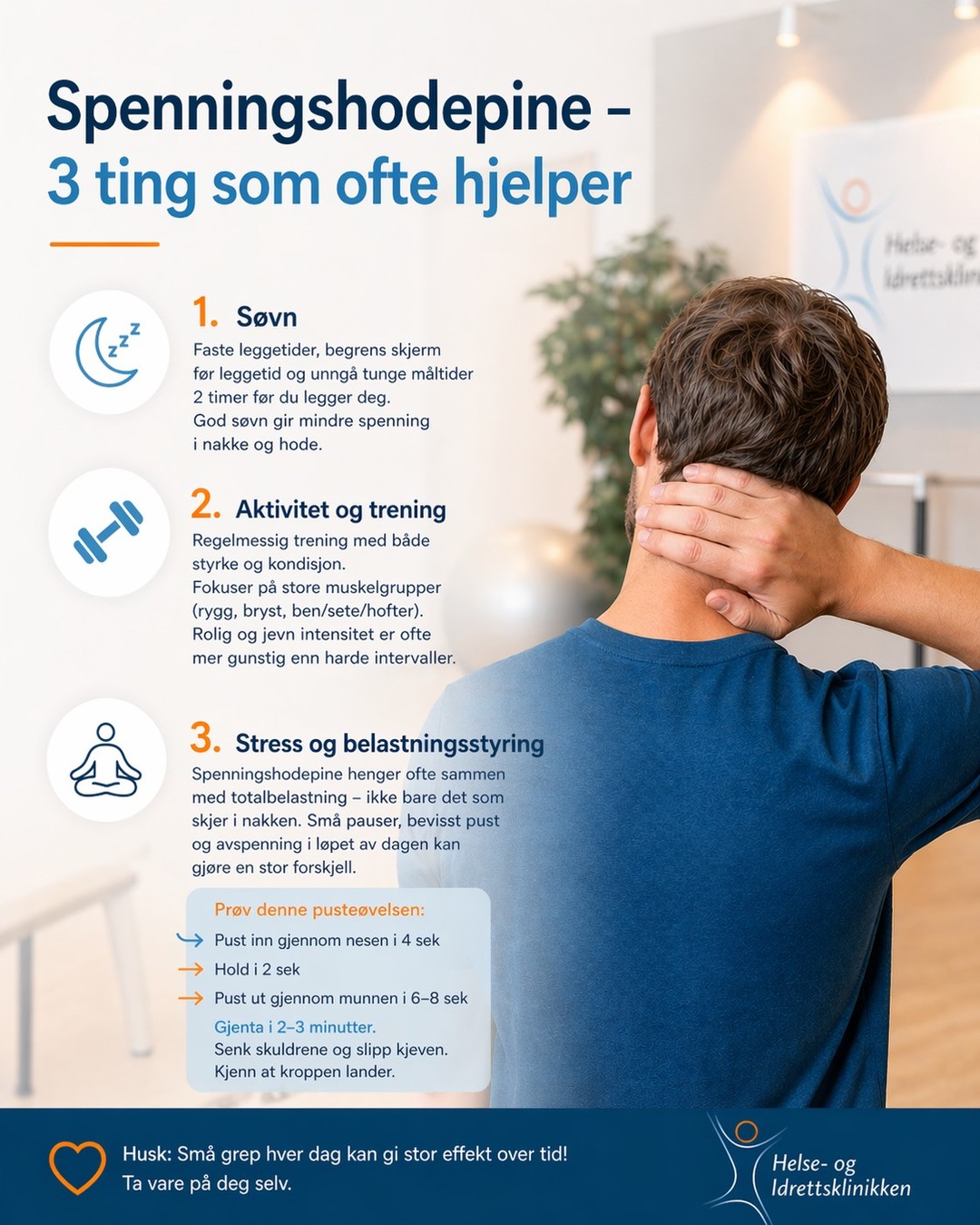 **Spenningshodepine – 3 ting som ofte hjelper** 💆♀
Spenningshodepine henger ofte sammen med totalbelastning – ikke bare det som skjer i nakken 🧠 Små justeringer i løpet av dagen kan ha stor effekt ✨
**1️⃣ Søvn**
Faste leggetider er viktig 😴 Unngå måltider de siste 2 timene før leggetid, og legg telefonen utenfor soverommet 📵
Våkner du på natten: prøv å bli liggende. Får du ikke sove innen 10–15 min, stå opp kort (2–3 min) før du legger deg igjen. Unngå lys og klokkesjekking 🌙
**2️⃣ Aktivitet og trening**
Regelmessig trening med både styrke og kondisjon 💪 Prioriter store muskelgrupper (rygg, bryst, ben/sete/hofter) 🏃♀
Kondisjon trenger ikke være hardt – jevn, kontrollert belastning er ofte bedre enn harde intervaller ved hodepineplager ✅
**3️⃣ Stress og belastningsstyring**
En enkel øvelse du kan teste: pust rolig inn gjennom nesen i 4 sekunder → hold i 2 sekunder → pust ut gjennom munnen i 6–8 sekunder 🌬 Gjenta i 2–3 minutter.
Fokusér på å senke skuldrene og slippe spenning i kjeven mens du puster 🧘♀ Dette kan dempe muskelspenning og roe ned systemet.
Ønsker du hjelp eller en vurdering, ta kontakt 💚
