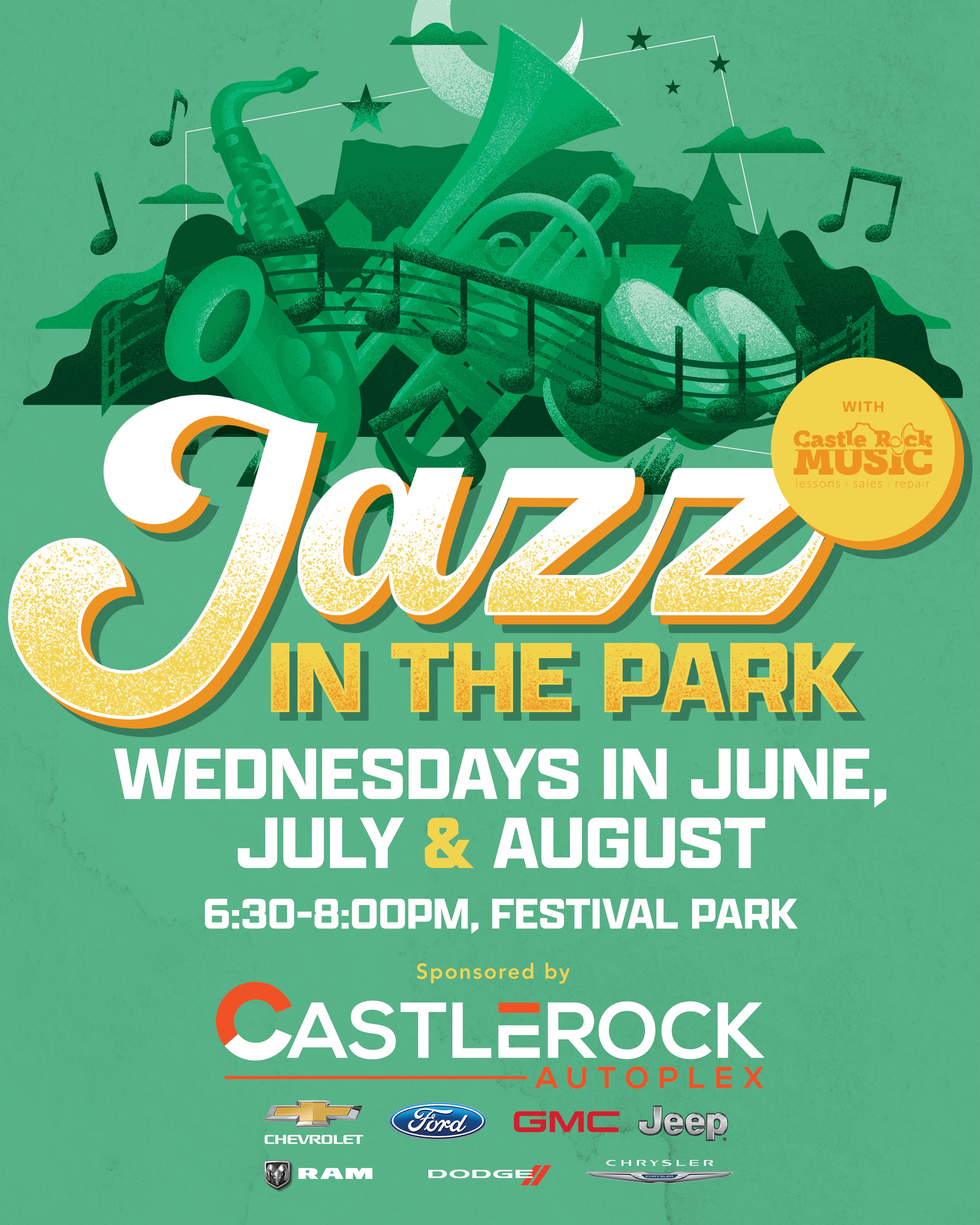 JAZZ IN THE PARK ๐ท is back for summer 2026!
Every Wednesday this summer, enjoy jazzy tunes in Festival Park, courtesy of our friends from Castle Rock Music! ๐ต
Bring a chair, bring a blanket, bring some dinner (or grab a picnic meal from one of our downtown restaurants!) and settle in your Festival Park for some sounds of summer ๐บ
๐ณ Festival Park in Downtown Castle Rock
โฐ 6:30-8:00p
๐
Every Wednesday in June, July and August
๐ Brought to you by our friends at Castle Rock Autoplex!
#downtowncastlerock #crco #castlerockcolorado #summerincastlerock
