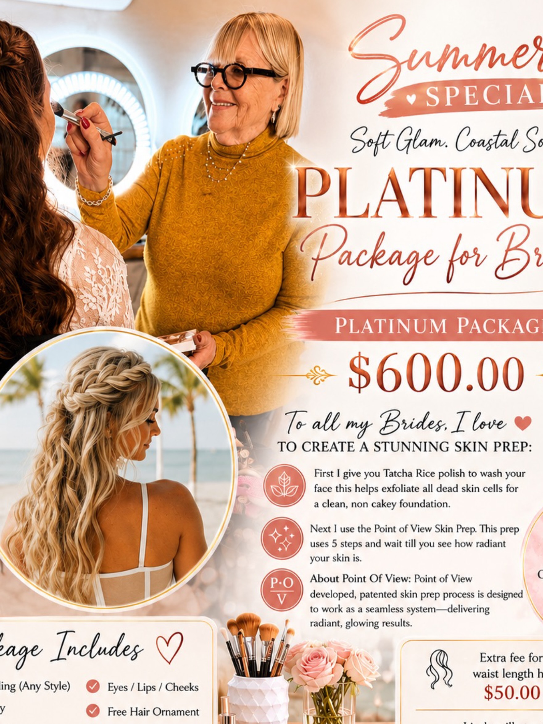 What Matters Most in the Keys
Because Florida Keys weddings deal with heat, humidity, ocean wind, and salt air, the best artists use:
* Airbrush or humidity-resistant makeup
* Waterproof products
* Secure styling techniques
* On-site touch-up services
* Hair prep for beach conditions
The artists above specifically mention tropical-weather bridal experience. #FloridaKeysElopement#BohoBride#ElegantBride#WeddingDayReady#onsitebridalbeauty