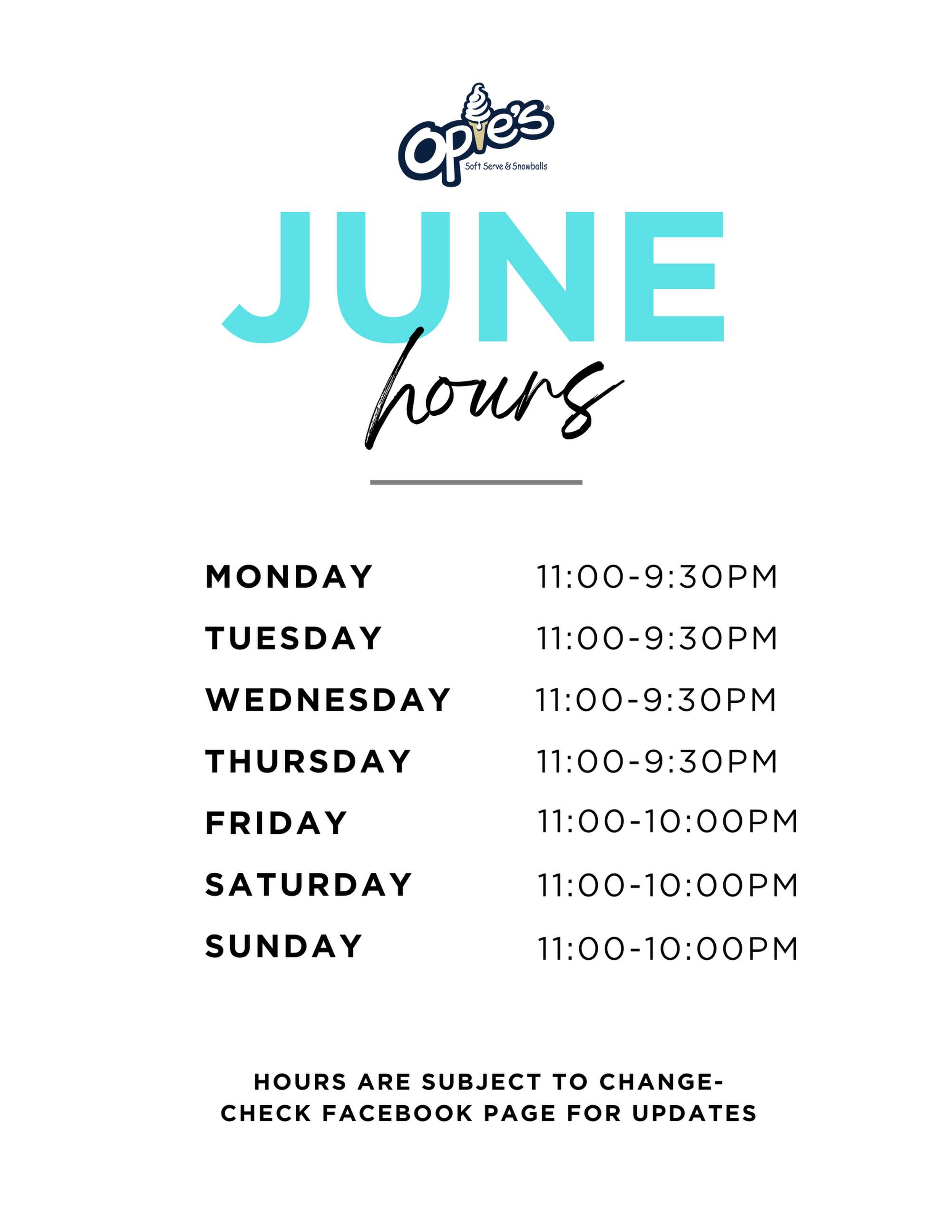 June Hours ☀️
Hopefully June brings us a lot more sunshine! Please keep in mind that our hours may change depending on the weather, so be sure to check our Facebook page for updates.
Summer is here! Bring on the sunshine, ice cream, and snowballs! 🍦☀️