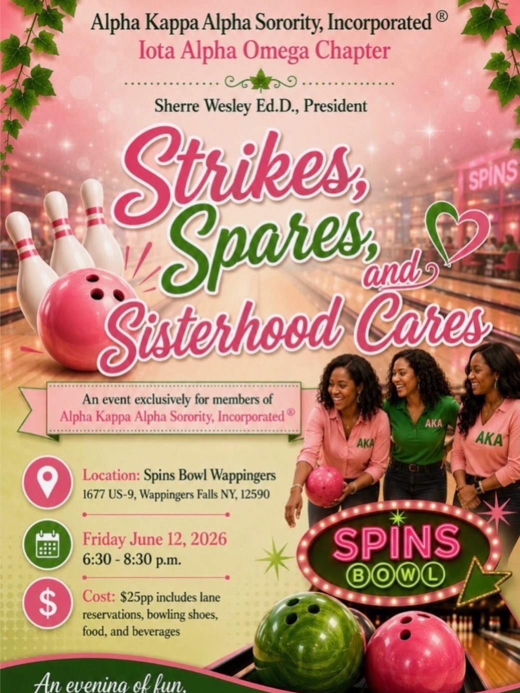 Come join the Iota Alpha Omega Chapter on Friday, June 12, 2026, for an evening of fun, reconnection, and sisterhood as we host Strikes, Spares, and Sisterhood!
Get ready for laughter, great conversation, and unforgettable memories as we come together to celebrate the bond of sisterhood.... one strike at a time.
🔗 link is in our bio 💕💚
***This event is exclusively for members of Alpha Kappa Alpha Sorority, Incorporated®️
#alphakappaalphasororityinc
#iotaalphaomega
#sisterhood