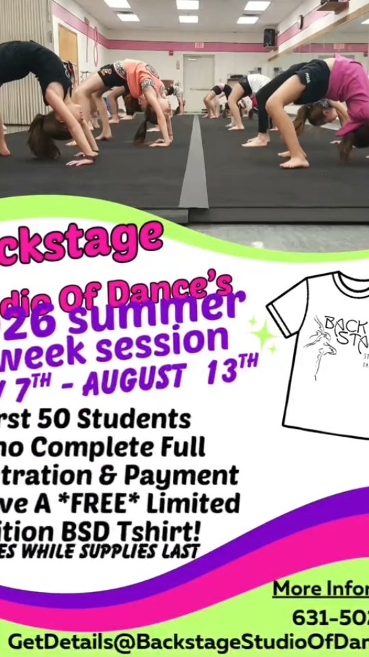 Summer Dance Registration Is NOW OPEN! 🌞
Join us for our 2026 6-Week Summer Session
📅 July 7th – August 13th
✨ Register by Saturday, June 13th to receive our Early Bird Rates! ✨
👕 BONUS! The first 50 students to complete registration & payment will receive a FREE LIMITED EDITION BSD T-Shirt!
(Available while supplies last.)
HERE’S HOW TO REGISTER:
☎️ Call or Text: 631-502-3643
📱 Send us a Direct Message
📲 Register Online in our BSD Parent Portal: https://bit.ly/bsdparentportal
💻 Email: GetDetails@BackstageStudioOfDance.com
🙋🏻♀️ Stop by the studio during office hours:
Mon: 4:30pm – 8:30pm
Tues – Thurs: 4:30pm – 9:30pm
Fri: 4:30pm – 7:00pm
Sat: 9:00am – 12:00pm
#bsd_dance #bsdfamily #lovetodance #lovedance #dancelife #dancefamily #dancedancedance #5678dance #dancers #danceclasses #danceclassesforkids #danceclassesforteens #danceclasseslongisland #danceclassesforallages #ballet #tapdance #jazzdance #hiphopdance #contemporarydance #acrobatics #musicaltheatredance #dancersoflongisland #summerdance #summerdanceclasses #letsdance
