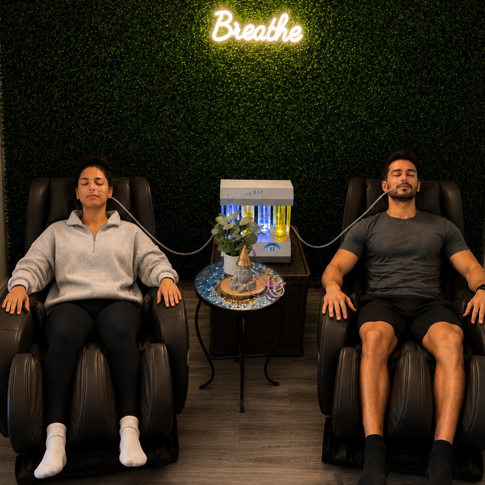 We recently upgraded our oxygen bar with zero gravity massage chairs to create a more complete relaxation experience.
The combination of gentle massage, reclined positioning, concentrated oxygen, and aromatherapy helps encourage deeper breathing, muscle relaxation, mental clarity, and nervous system regulation in a way that feels incredibly grounding. It’s another one of those experiences where you don’t realize how much tension you’re carrying until your body finally lets go of it.
It pairs beautifully after a float session — especially for people who want a softer transition back into the world before heading out into the noise of the day.