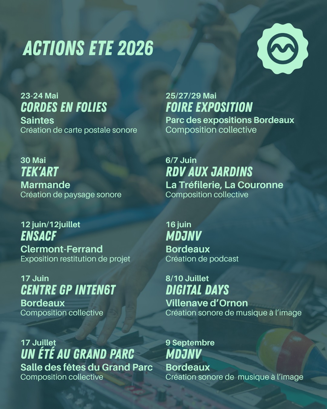 Programme de la saison estivale !
Après deux jours @villedesaintes nous sommes actuellement en composition collective avec @foiredebordeaux, on enchaîne ce week-end @festivaltekart, puis @latrefilerielacouronne pour de la composition sonore à partir de sons de la nature. Ensuite retour à @ensaclermontferrand pour le montage d'une exposition interactive avec @francelanlevu. Retour à @gpinten6t.centresocialculturel et à la MDJNV avec @villedebordeaux, pour continuer une série de 3 interventions, puis aux digital days @villedevillenavedornon. On fêtera la fin de la saison @sdfbgp pour une grande session de composition collective !
On vous voit où ?