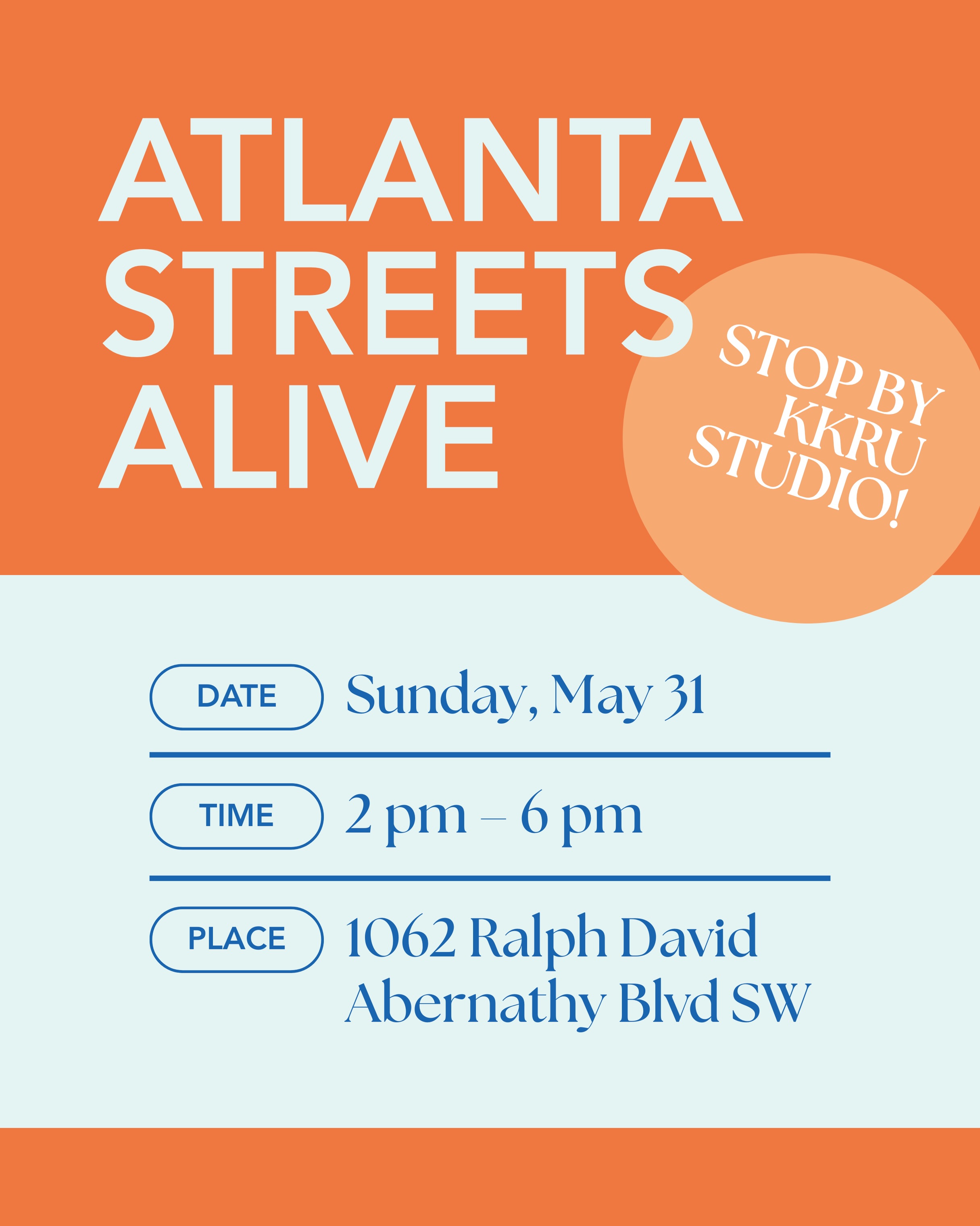 No Sunday scaries if you’re stopping by KKRU Studio during Atlanta Streets Alive! See you tomorrow afternoon at 1062 Ralph David Abernathy Boulevard SW! 🙌🏾
Grant Park to West End
2 – 6 PM
*Parking is limited, we encourage you to carpool or take Marta for easy transportation!
#AtlantaStreetsAlive #AtlantaWestEnd #KKRUStudio #OpenHouse #ATL