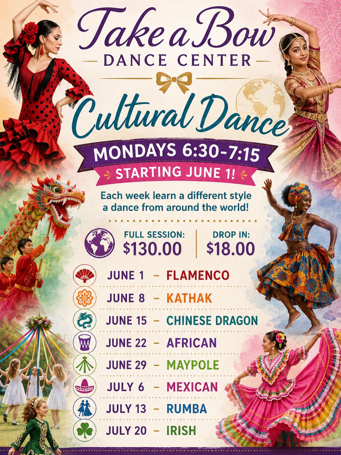 We are so excited to be offering Cultural Dance this summer!
Come learn dances from around the world! Ages 7+
www.TakeBowDanceCenter.com