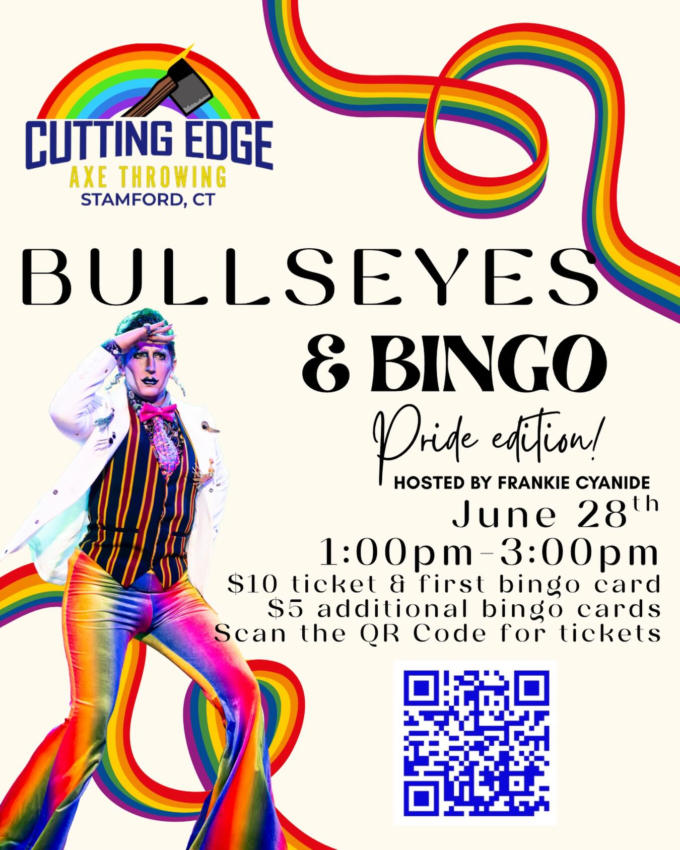 🌈🎉 Join us as we close out Pride Month with an afternoon of fun, laughter, and bingo!
📅 Sunday, June 28th
⏰ 1:00 PM – 3:00 PM
📍 Cutting Edge Axe Throwing
Hosted by the fabulous @frankiemcyanide featuring a live performance and a special guestperformer you won’t want to miss!
🎟️ $10 admission includes your first bingo sheet
🎟️ Additional bingo sheets available for $5 each
❤️ Best of all, proceeds from every additional bingo sheet purchased will be donated to @anchorhealthct helping support their important work in our community.
Bring your friends, win some prizes, and celebrate Pride with us! Grab your tickets today! Link for tickets in the bio!
#PrideMonth #DragBingo #CuttingEdgeAxeThrowing #frankiecyanide #stamfordbusiness
:::
