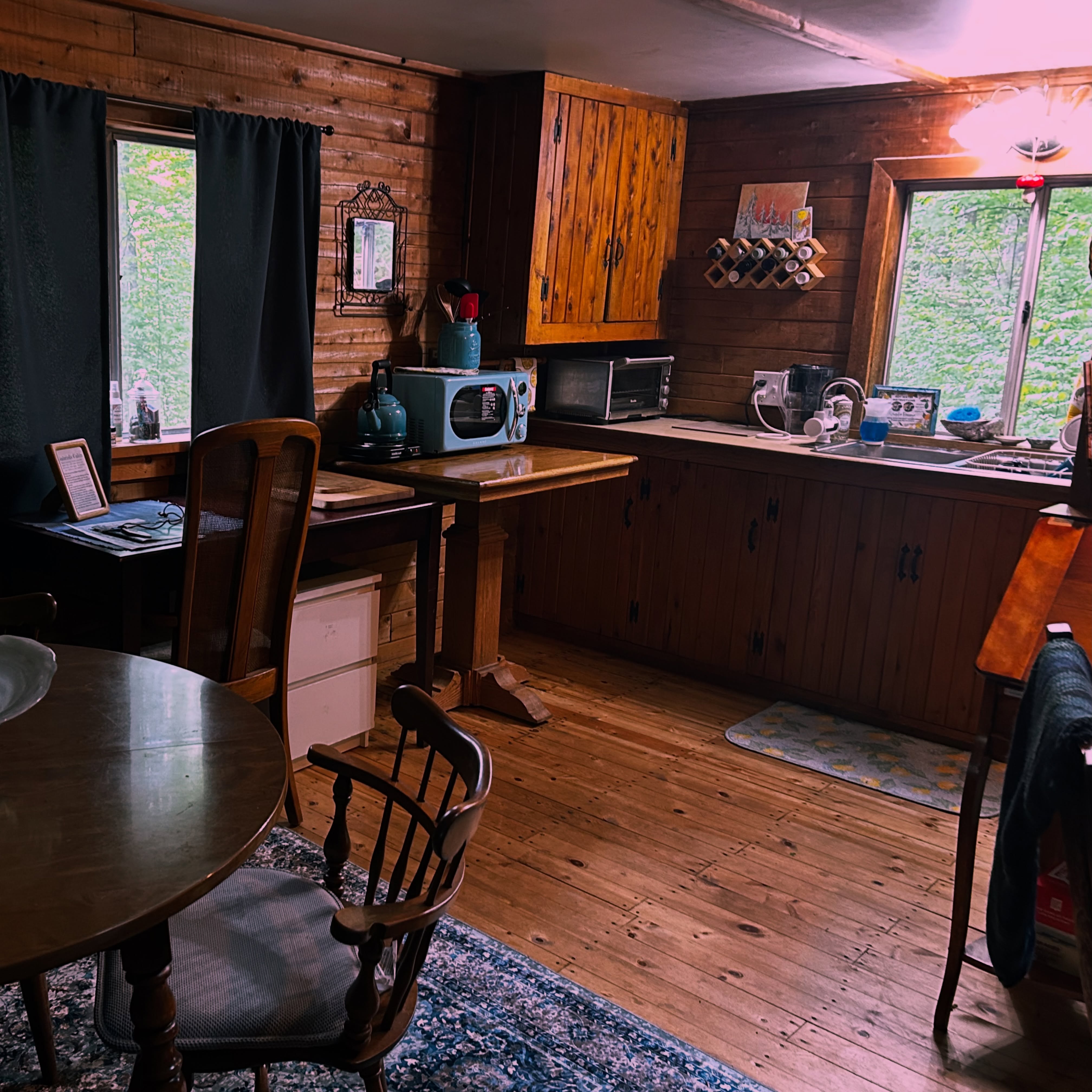 Gabriel’s Cabin kitchen update! We’ve removed the old propane stove (no more pilot lights heating up the cabin all summer!) and added some different kitchen appliances. Including a Breville countertop oven, microwave, hotplate, coffee maker, electric kettle, crockpot, and countertop grill (not pictured).