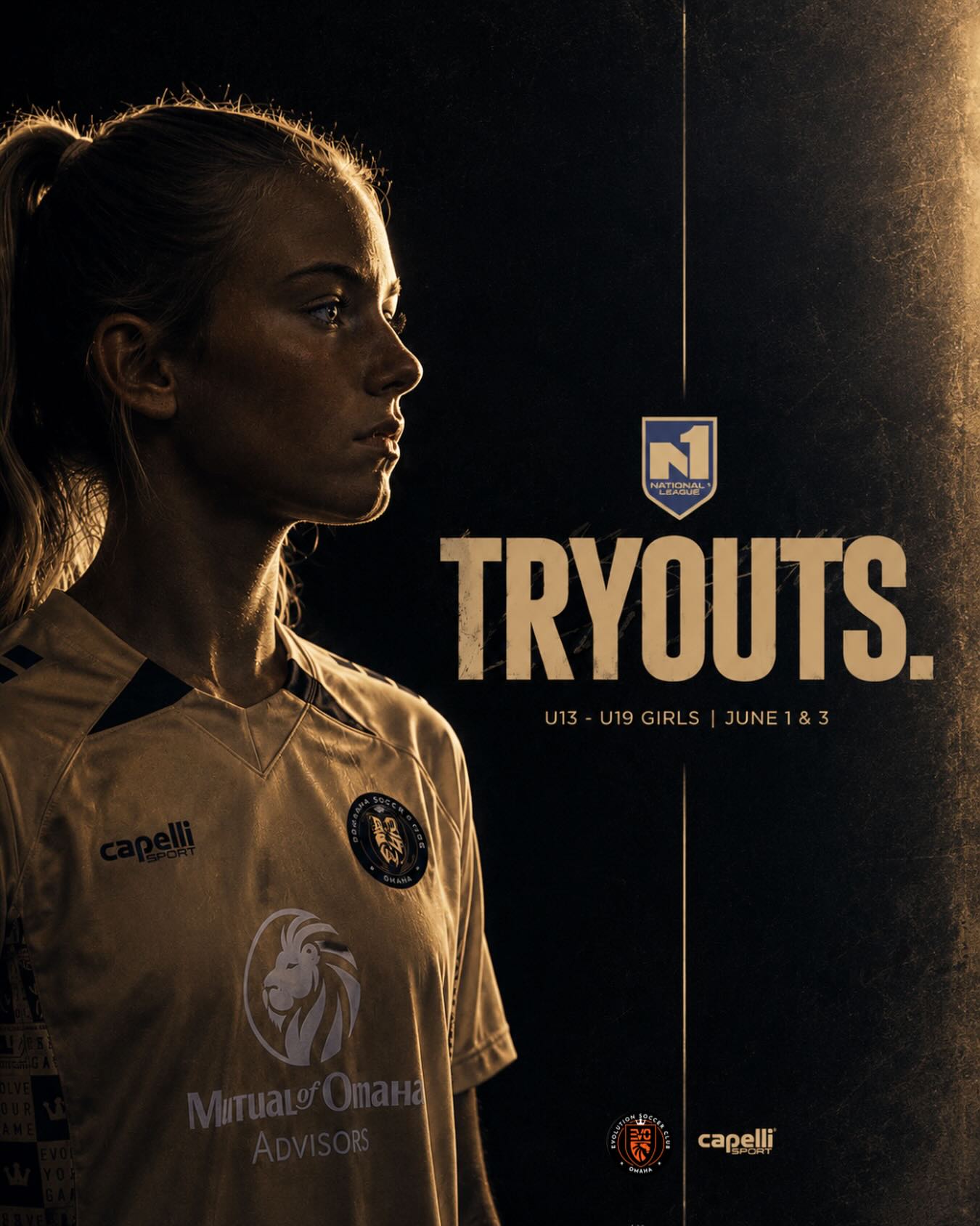 EVO Girl’s National 1 League TRYOUTS #omahaevolutionsoccerclub
U13-U19 GIRLS
June 1 & 3
U13-U14 | 5:30pm - 7:00pm
U15-U19 | 7:00pm - 8:30pm
CHI Health MultiSport Complex