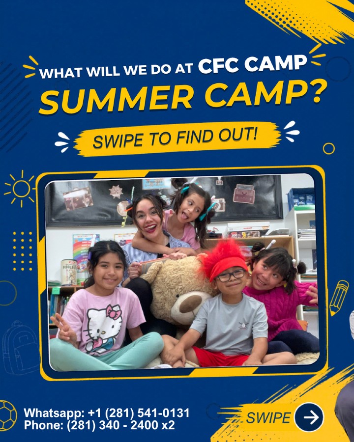 Ready for an unforgettable summer? ☀️🎒
Summer is just around the corner, and at CFC Bilingual Academy, we are ready for our Summer Camp! 🎉 A space filled with fun, learning, new friendships, and activities designed to keep your little ones active and inspired during their vacation.
Give your child a summer to remember! Spaces are limited, so make sure to reserve theirs as soon as possible.
👇 Want more details?
Leave us a comment below or send us a direct message, and we'll send you all the information about schedules, activities, and registration! 📝✨
📞 Contact us today to register:
Phone: (281) 340-2400 x2
WhatsApp: +1 (281) 541-0131
Website: www.cfcbilingualacademy.com
#CFCBilingualAcademy #SummerCamp #SummerFun #BilingualKids #SummerActivities #EarlyLearning #RegisterNow