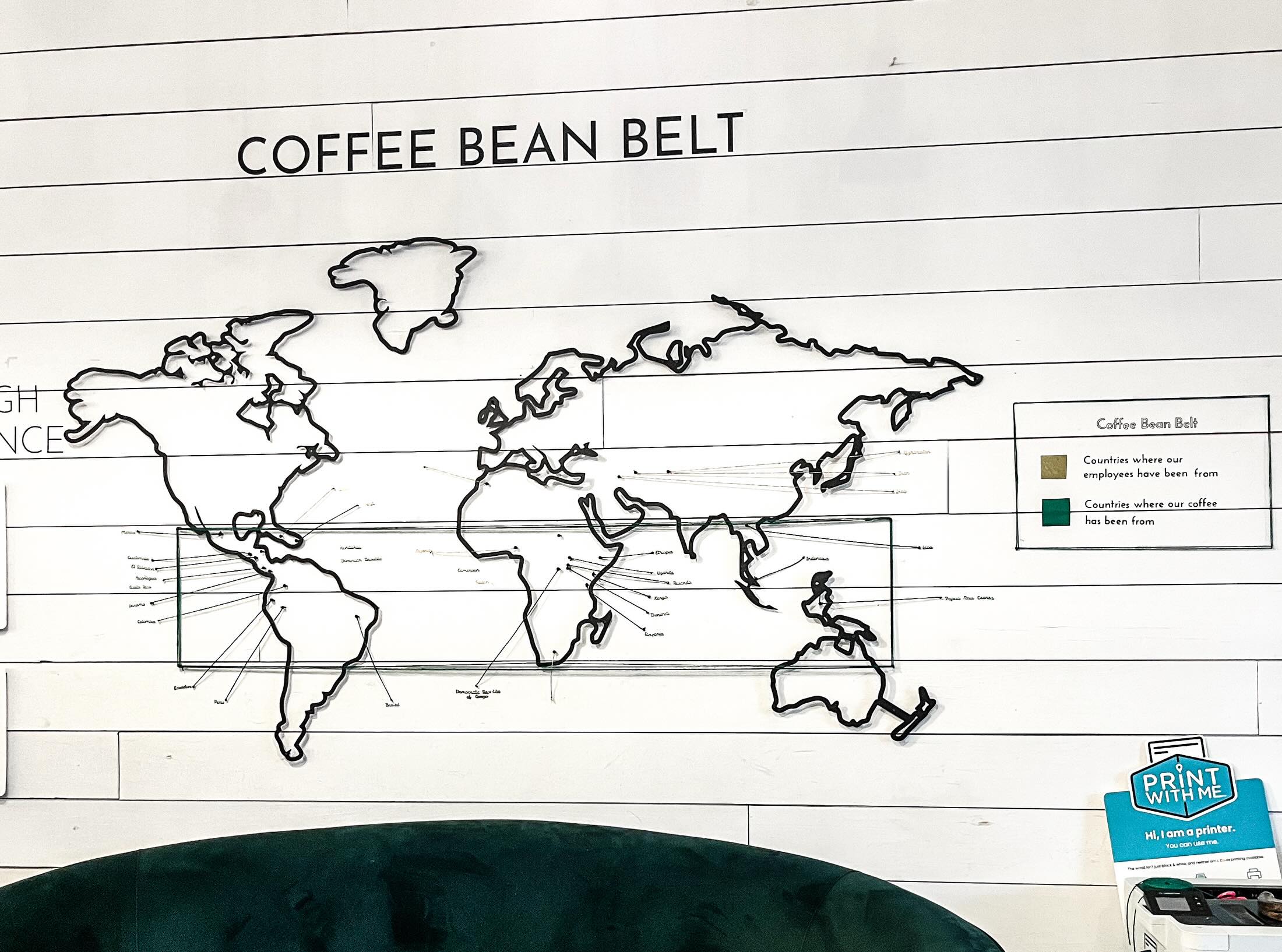 What do yall think about our new 3D map? The gold strings are for places our employees have been from, and the green strings are places we’ve gotten coffee from over the past 8 years! Just a little visual to share a little more about us and the coffee bean belt, which has a green rectangle around it which is the general climate and altitude where coffee is grown! 🗺️📍☕️🤗