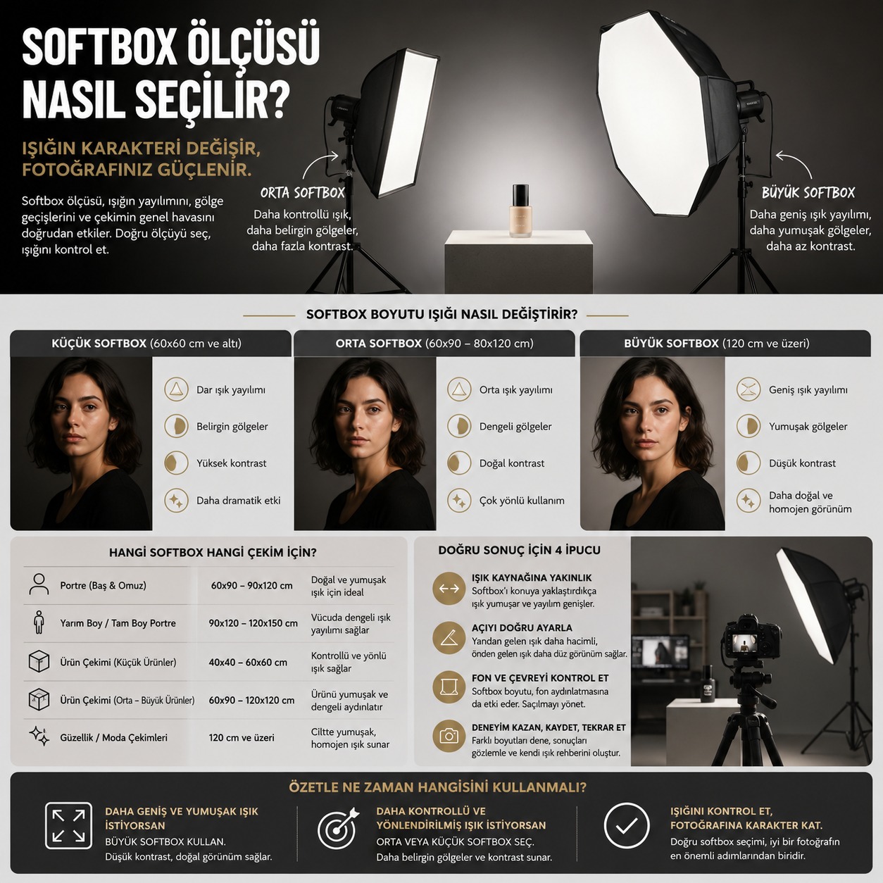Softbox seçerken sadece “büyük olan daha iyidir” diye düşünmek çoğu zaman doğru sonuç vermez. Çünkü softbox ölçüsü; ışığın yumuşaklığını, gölge geçişini, ürün yüzeyindeki yansımayı ve küçük stüdyoda çalışma rahatlığını doğrudan etkiler.
Küçük ürün çekimlerinde 60x90, 70x100 veya 80x120 cm gibi ölçüler pratik ve kontrollü olabilir. Portrede ise kadraj genişledikçe daha büyük softbox ya da octabox ihtiyacı doğabilir. Büyük ürün, katalog veya tam boy çekimlerde ise ışığın daha geniş alana yayılması gerekir.
Burada asıl mesele tek bir ölçüyü ezbere seçmek değil; çektiğiniz konuya, stüdyo alanınıza, paraflaş gücünüze ve ışığı hangi mesafeden kullanacağınıza göre karar vermektir. Bazen 80x120 cm çok dengeli bir seçimdir. Bazen 120 cm octabox daha iyi sonuç verir. Bazen de dar bir stripbox, büyük bir softboxtan daha doğru iş çıkarır.
Flaşçı blogda softbox ölçüsü seçimini ürün, portre, küçük stüdyo ve katalog çekimi açısından detaylı şekilde anlattık. Softbox alırken kararsız kalıyorsanız bu rehber iyi bir başlangıç olur.
https://www.flasci.com/post/softbox-olcusu-nasil-secilir
#flasci #flaşçı #softbox #paraflaş #stüdyoışığı #ürünfotoğrafçılığı #portrefotoğrafçılığı #stüdyofotoğrafçılığı #fotoğrafekipmanları #ışıkşekillendirici #octabox #stripbox