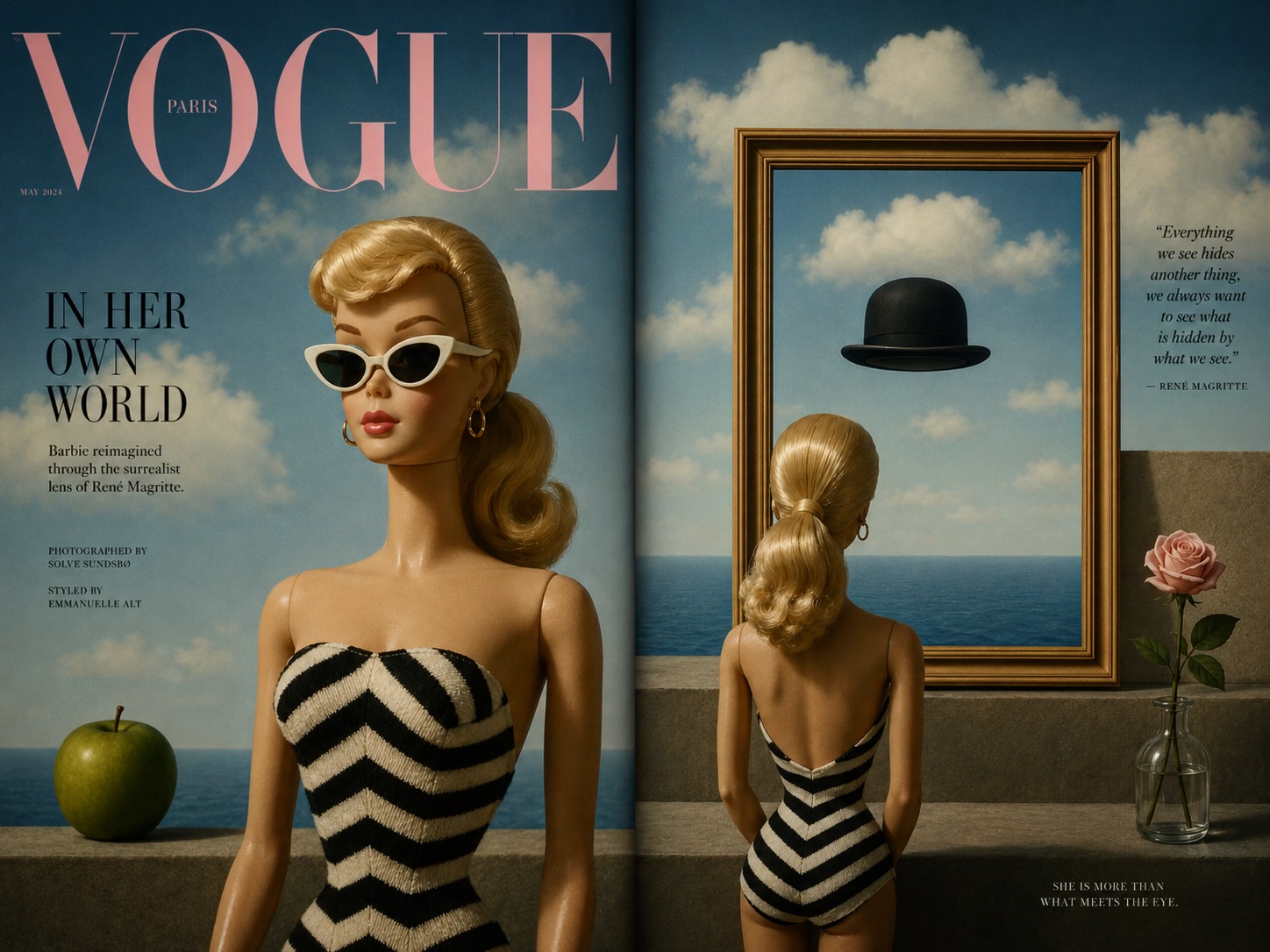 Vintage Barbie meets high-fashion surrealism. 🎀✨
Inspired by the dreamlike imagination of René Magritte, this Vogue-style Barbie layout blends classic glamour with unexpected surreal elements. Soft luxury, timeless beauty, and playful illusion come together in a fashion editorial that feels both nostalgic and impossibly modern.
I love exploring how iconic pop culture figures can be transformed through legendary art movements and AI creativity. 💭🩷
More surreal fashion-inspired creations at CBirdCREATIVE.com
#VintageBarbie #MagritteInspired #Surrealism #FashionArt #AIArt