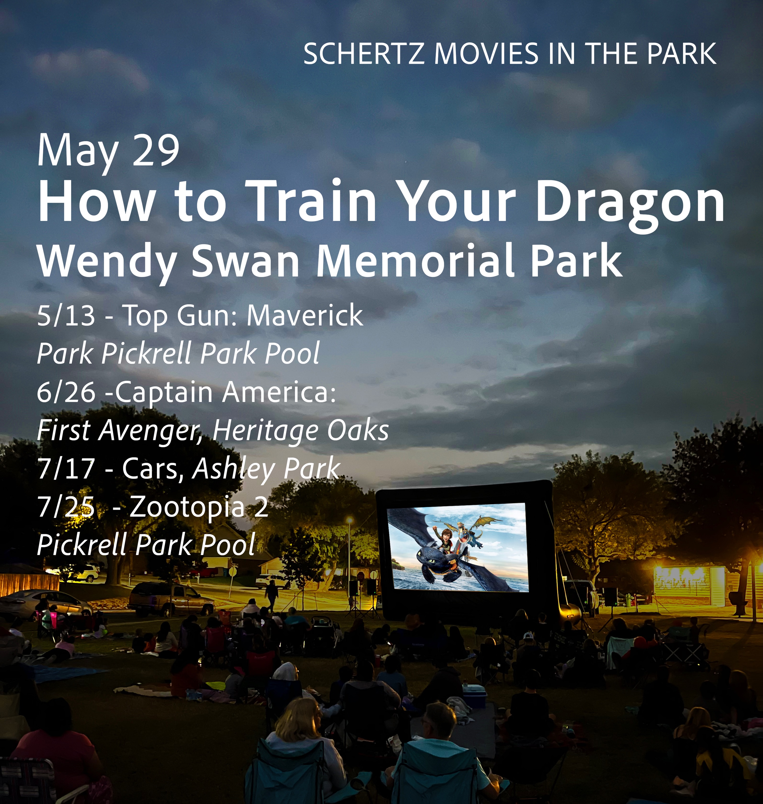 2026 Schertz Music and Movies in the Park kick-off this Friday night. Bring picnics, lawn chairs and blankets. @schertzparksandrec
May 29 | How to Train Your Dragon | Wendy Swan Memorial Park
June 13 | Top Gun: Maverick| Park Pickrell Park Pool
June 26 | Captain America: The First Avenger | Heritage Oaks
July 11 | Zootopia 2 | Pickrell Park Pool
July 24 | Cars| Ashley Park
October 16 | Ghostbusters: Afterlife | Rhine Valley Park
#schertztexas #schertzparksandrec #outdoormovie #moviesinthepark