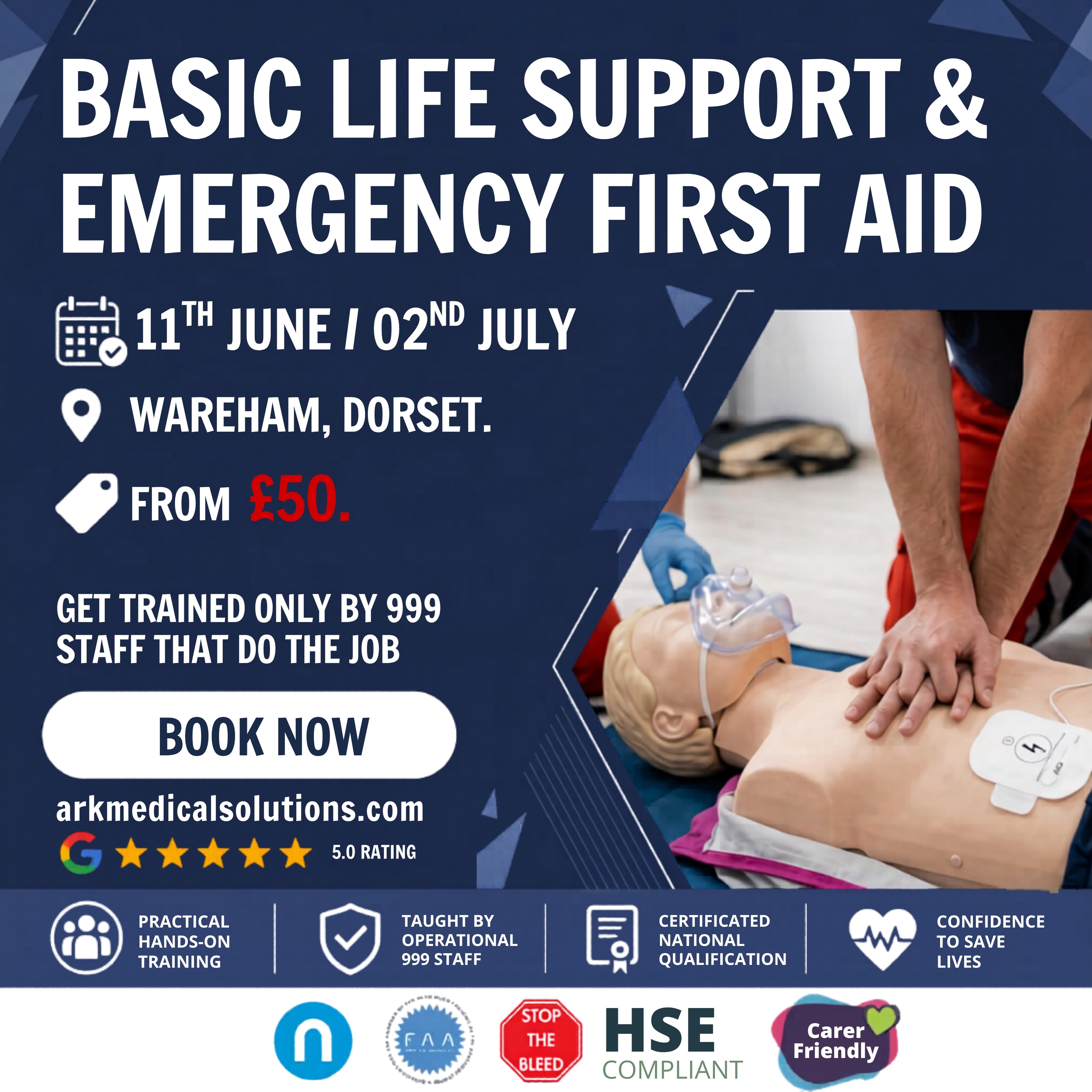 🚑 BASIC LIFE SUPPORT & EMERGENCY FIRST AID
📍 Wareham, Dorset
📅 11th June / 02nd July
💷 From just £50
Train with people who actually do the job — experienced 999 emergency service staff.
At Ark Medical Solutions, we believe first aid should be taught by professionals with current frontline experience, not by someone who used to do the job… or never has. Our courses are practical, engaging, and built around real-world emergencies to give you the confidence to act when it matters most.
✅ Up to date and best practice training
✅ Taught by serving 999 instructors
✅ Certificated National Qualification
✅ Learn life-saving skills that could save a family member, friend or colleague.
For group or corporate bookings, please contact us for a time, date and location to suit.
Spaces are limited — book now at:
🌐 arkmedicalsolutions.com