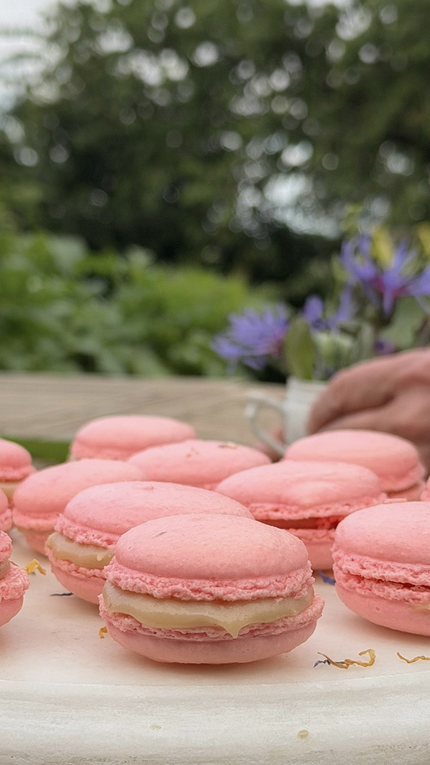 It begins with almond, sugar, and egg whites.
A few careful folds later, trays of macarons rest quietly before baking.
The kitchen fills with anticipation as guests gather around the oven, waiting for those perfect little « feet » to appear.
By afternoon, delicate poppy-scented macarons are filled with silky ganache and shared over coffee, stories, and laughter.
These are the moments we love most at Walnut Grove—learning authentic French pastry techniques in the heart of the French countryside, one beautiful bake at a time.
Because French pastry is not simply about following a recipe. It is about understanding the craft, mastering the technique, and creating something truly memorable with your own hands.
What French pastry would you love to learn during a stay with us?