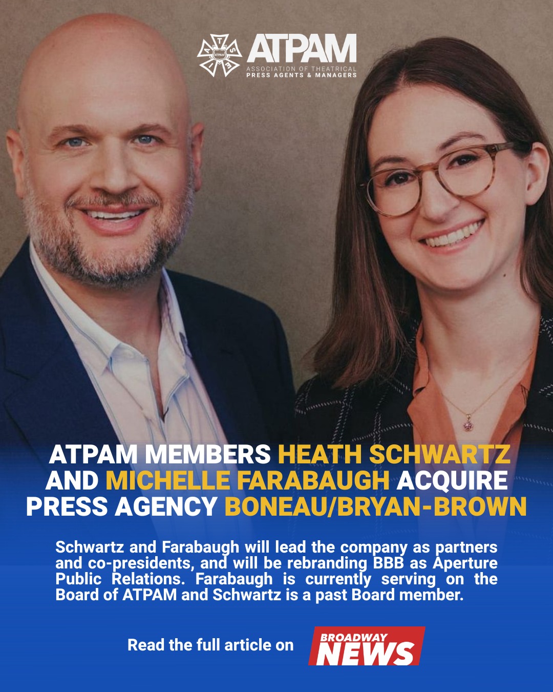Congratulations to ATPAM members Heath Schwartz and Michelle Farabaugh launching @aperture.pr and continuing the legacy of Boneau/Bryan-Brown. π