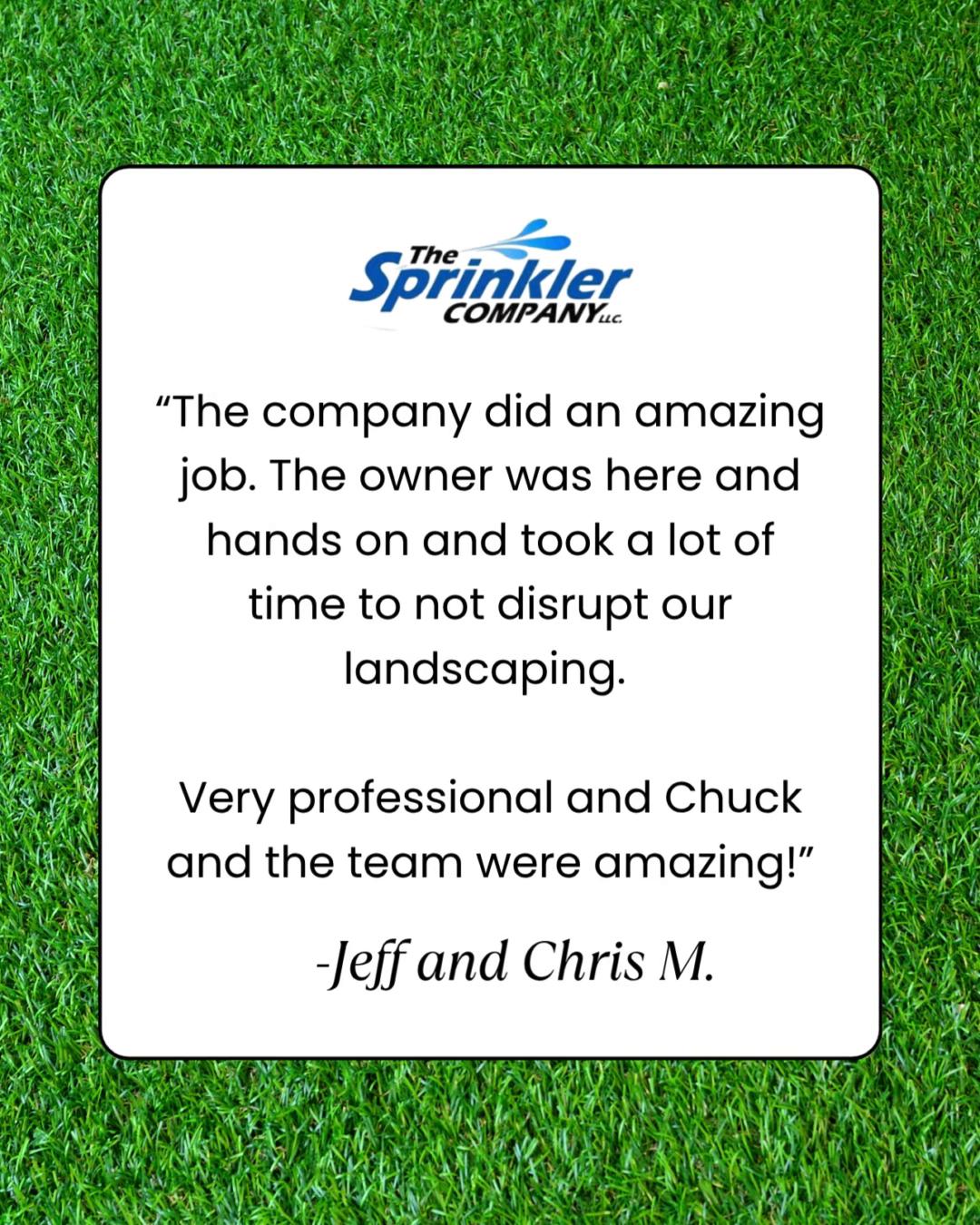 This review perfectly captures what we strive for - hands-on leadership, respect for your property, and professionalism from start to finish.
Reviews like this fuel our passion for keeping your lawn and landscape perfectly watered!
#SprinklerInstallation #ProfessionalService #LandscapingCare #HandsOnOwnership #IrrigationExperts #CustomerReview #QualityCraftsmanship