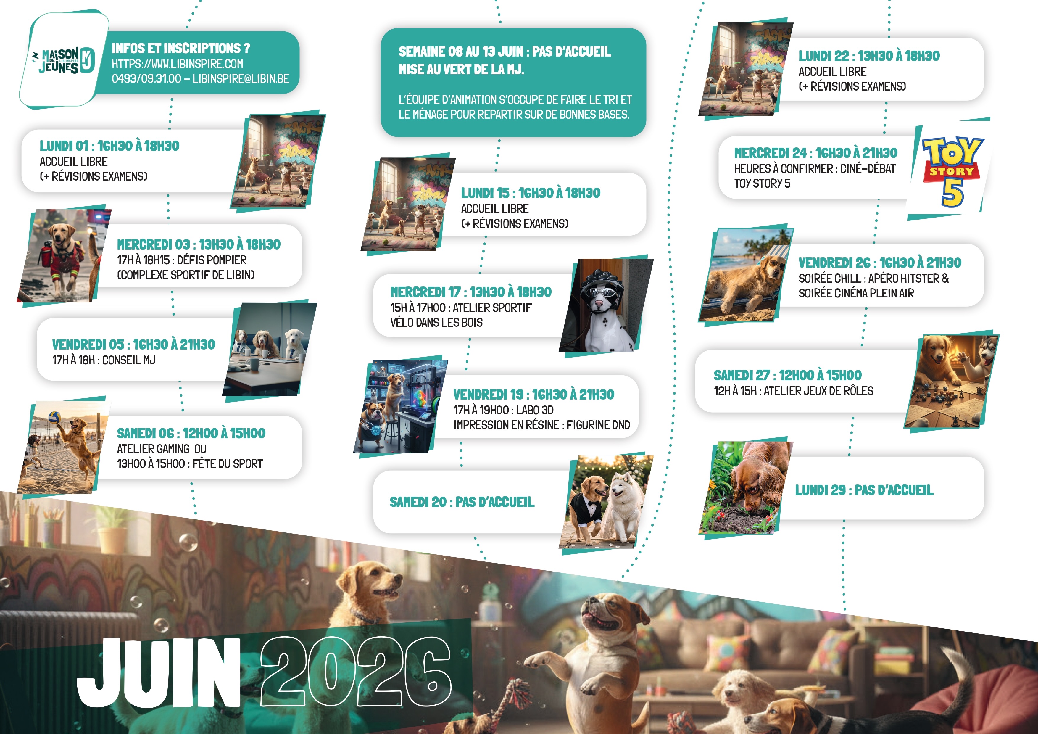 Le mois de juin arrive à la MJ avec une ambiance de fin de cycle et de début d’été : on termine les projets, on profite des derniers moments ensemble avant les vacances et on passe progressivement en mode estival ☀️
Au programme : des activités pour se retrouver, bouger, créer et profiter des beaux jours, mais aussi des moments plus calmes pour clôturer l’année et préparer la suite en douceur 🌿
Les grandes vacances approchent à grands pas, et la MJ reste ouverte pour accompagner cette transition et proposer des activités adaptées à tous les rythmes (le programme de l’été arrive très vite ! 🫣).
Les inscriptions se font directement sur notre site :
https://www.libinspire.com/
Pour toute question, vous pouvez nous contacter par mail, téléphone, commentaires, réseaux sociaux ou via le formulaire en ligne 🙂
NB : Suite à des retours de jeunes, l’horaire change de couleurs pour mieux correspondre au logo, on espère que ça vous plaît ! 🥰