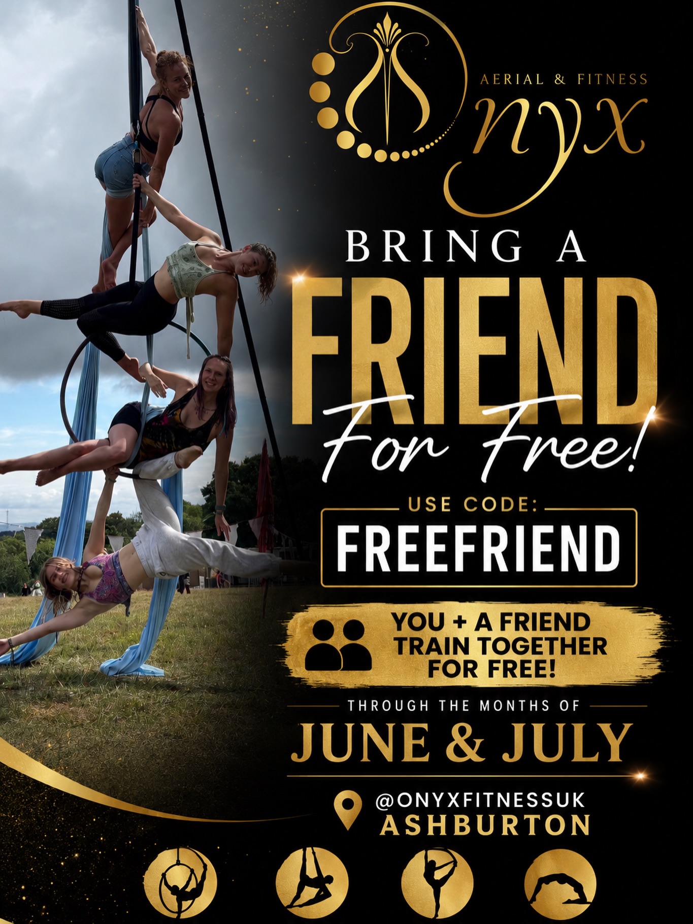 Bring a friend to try a class for free throughout June & July ⭐️
Apply 50% off all services when you book two spaces in class: with the promo code “FREEFRIEND”.
https://www.onyxaerialfitness.co.uk/
*promo applies once for new students only*
See you in the space! 🤍⭐️