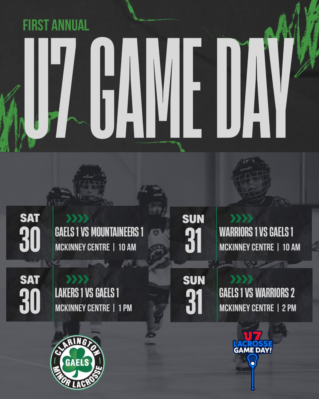 U7 Game Day is here!
This weekend marks the first-ever U7 Game Day event, bringing together young players, coaches, officials, and families from across Ontario to celebrate the launch of the lacrosse season in a fun, educational, and positive environment in Whitby and Lincoln.
We are incredibly proud to have not one, but TWO Clarington Gaels teams representing our association this weekend in Whitby!
For many of these players, this will be their very first experience competing in a tournament format, an exciting milestone and the beginning of their lacrosse journey! The event is designed to teach the game the right way at the introductory level, focusing on development, teamwork, sportsmanship, learning, and fun!
Good luck to both #GaelsNation teams as they hit the floor this weekend! We cannot wait to see the smiles, energy, and excitement from all of our young athletes!
Let’s go Gaels!
#GrowTheGame #U7GameDay #MinorLacrosse