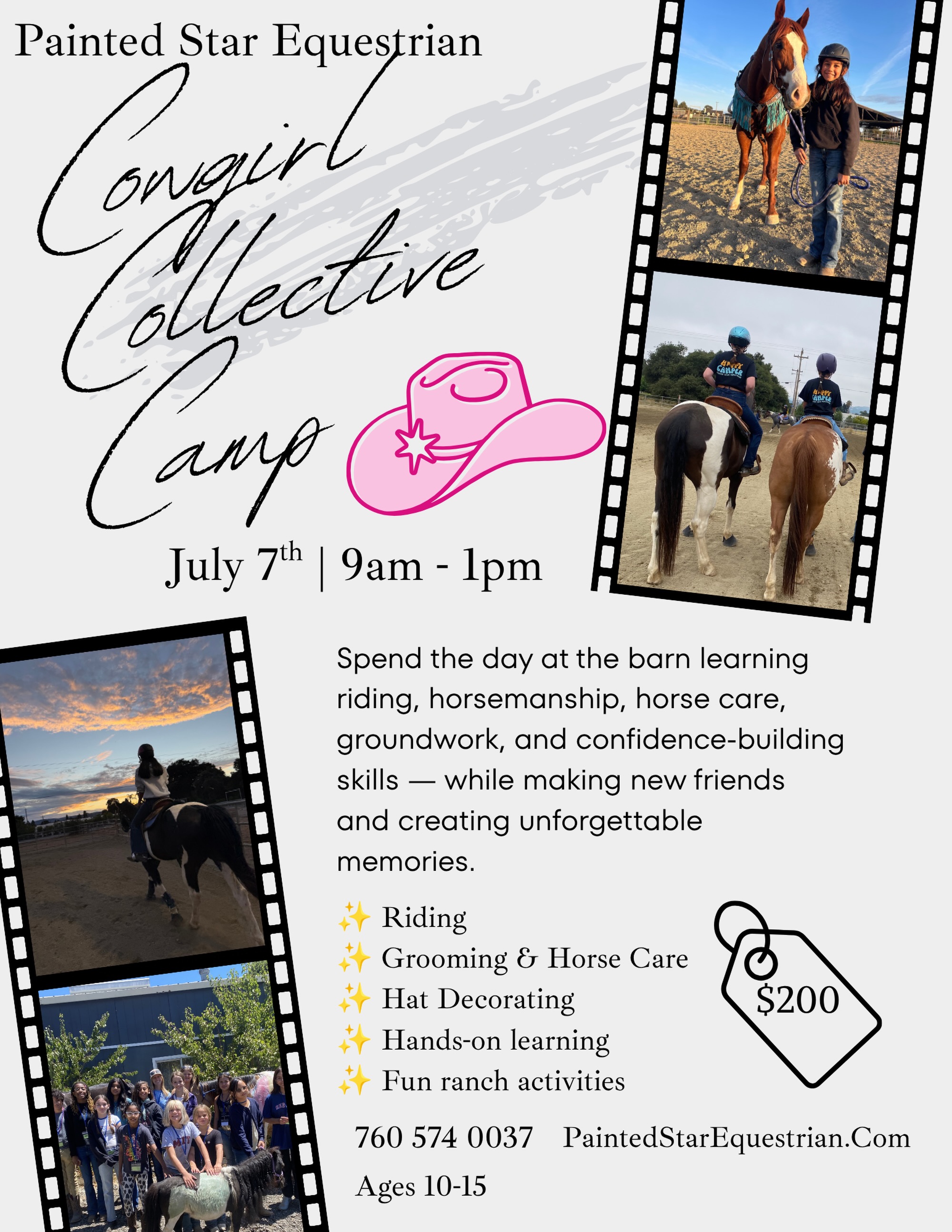 WOW! Do we have something special to share! 😍🤠✨
This camp has been years in the making, and we are beyond excited to finally bring this dream to life!
Our Cowgirl Collective Camp was created to nurture, inspire, and celebrate young girls while teaching them what it truly means to be a cowgirl. From riding and caring for horses to decorating their own hats, making new friends, and enjoying fun ranch activities, every day will be filled with adventure, confidence-building, and unforgettable memories.
This is more than just a camp—it’s a one-of-a-kind experience your cowgirl will never forget!
Spots are limited and we expect them to fill quickly.
Don’t miss out!
Sign up today: PaintedStarEquestrian.com/camp