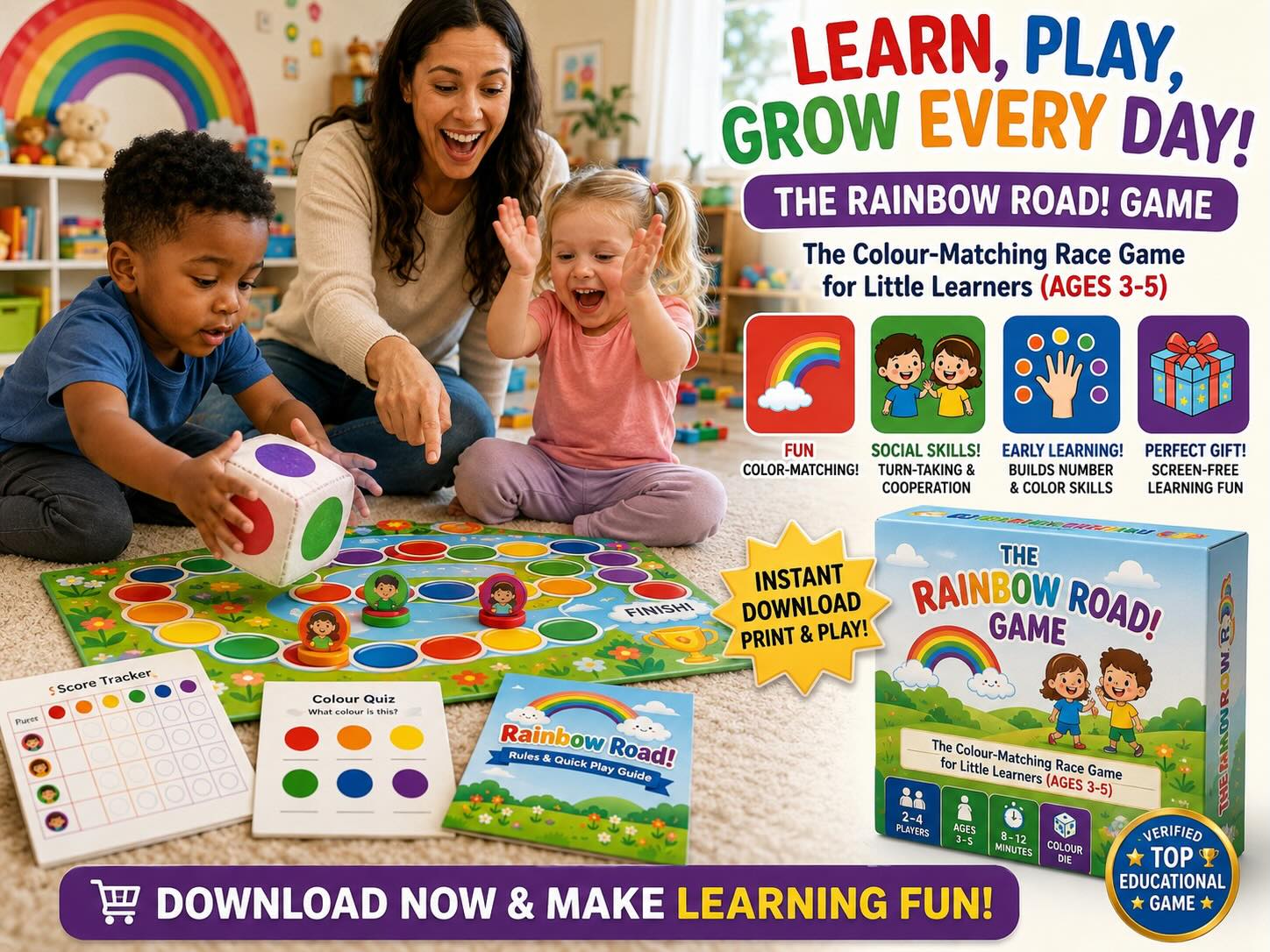 The best thing you can give a toddler? A head start — disguised as playtime. 🌈✨
Rainbow Road teaches colors, numbers, turn-taking, and social skills through a simple, joyful race game little ones can actually win.
Ages 3–5 | 8–12 minutes | Print & Play
The perfect screen-free gift for your little learner. 🔗 Link in bio.
#toddlerlearnig #earlychildhoodeducation #kidsactivities #printandplay #screenfreekids